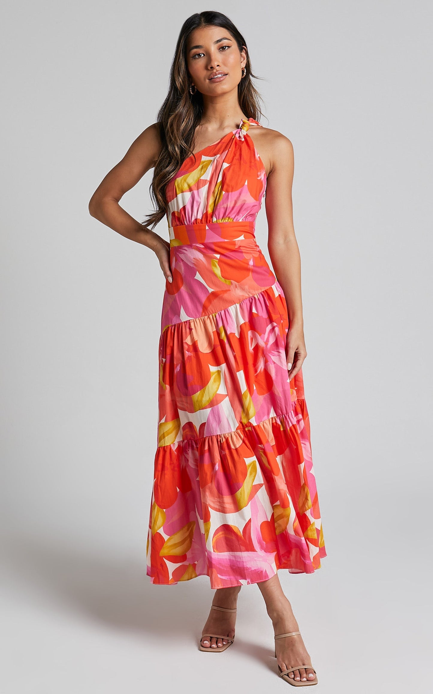 Merclaire Midi Dress - One Shoulder Tiered Dress in Orange Floral