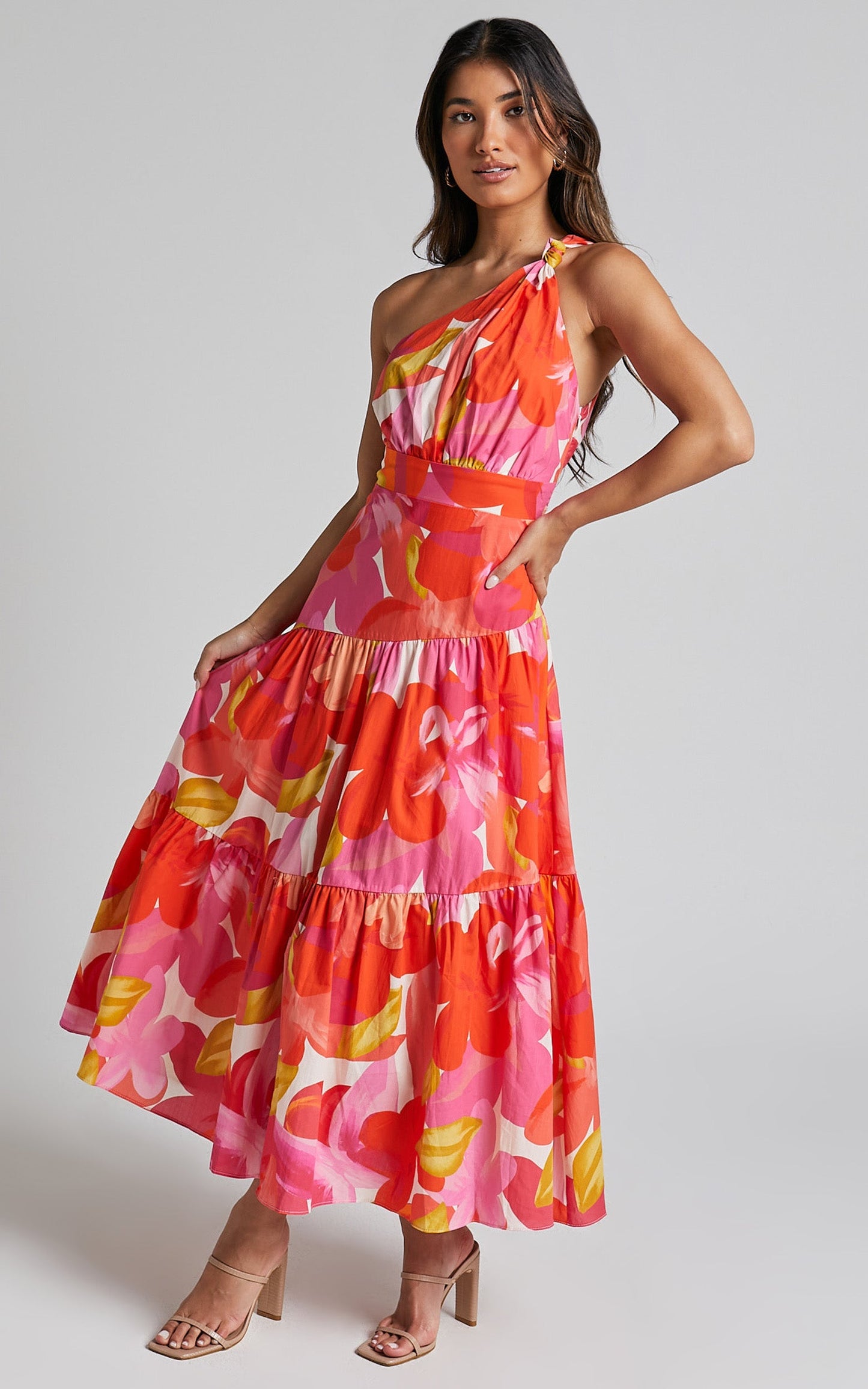 Merclaire Midi Dress - One Shoulder Tiered Dress in Orange Floral