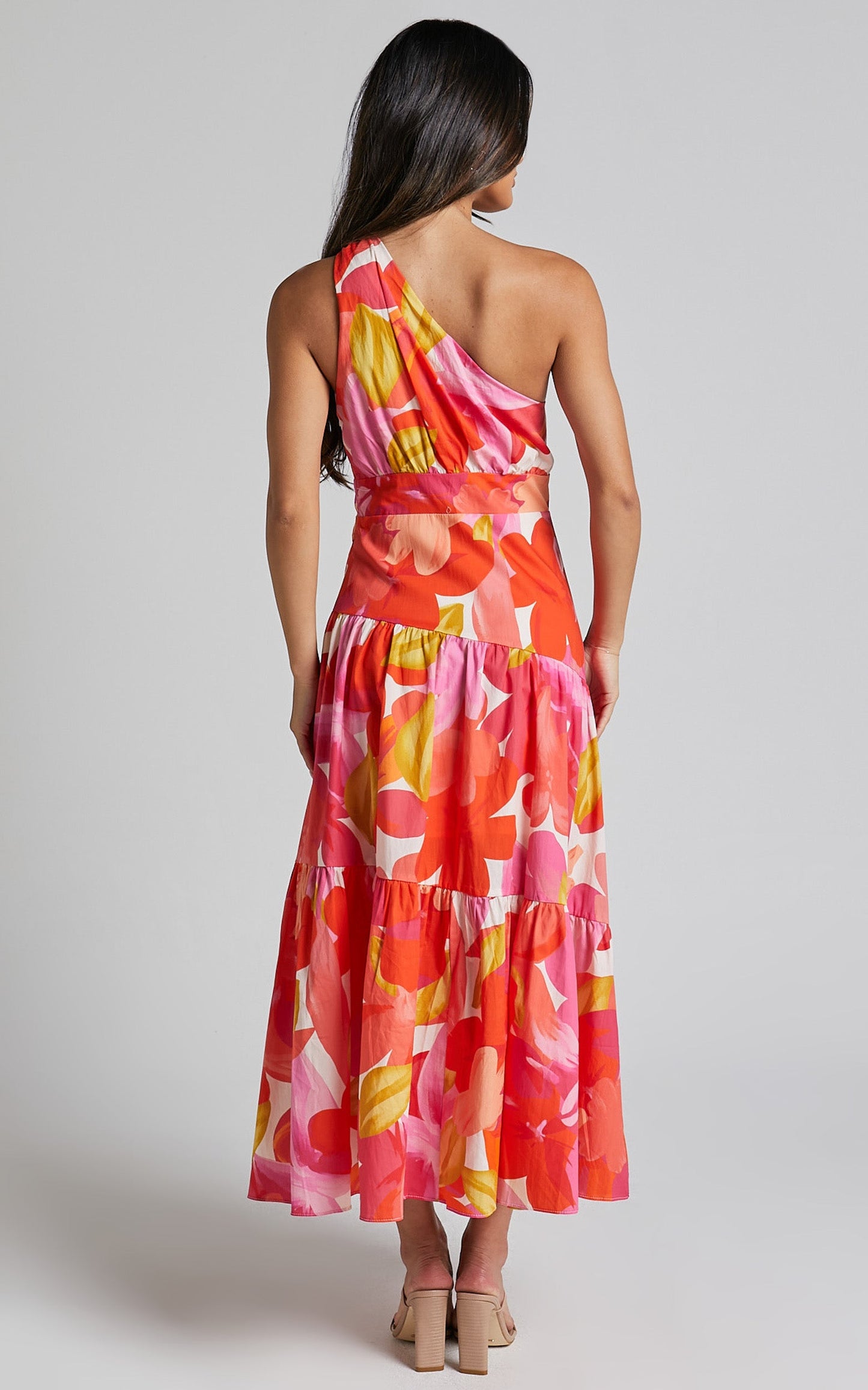 Merclaire Midi Dress - One Shoulder Tiered Dress in Orange Floral