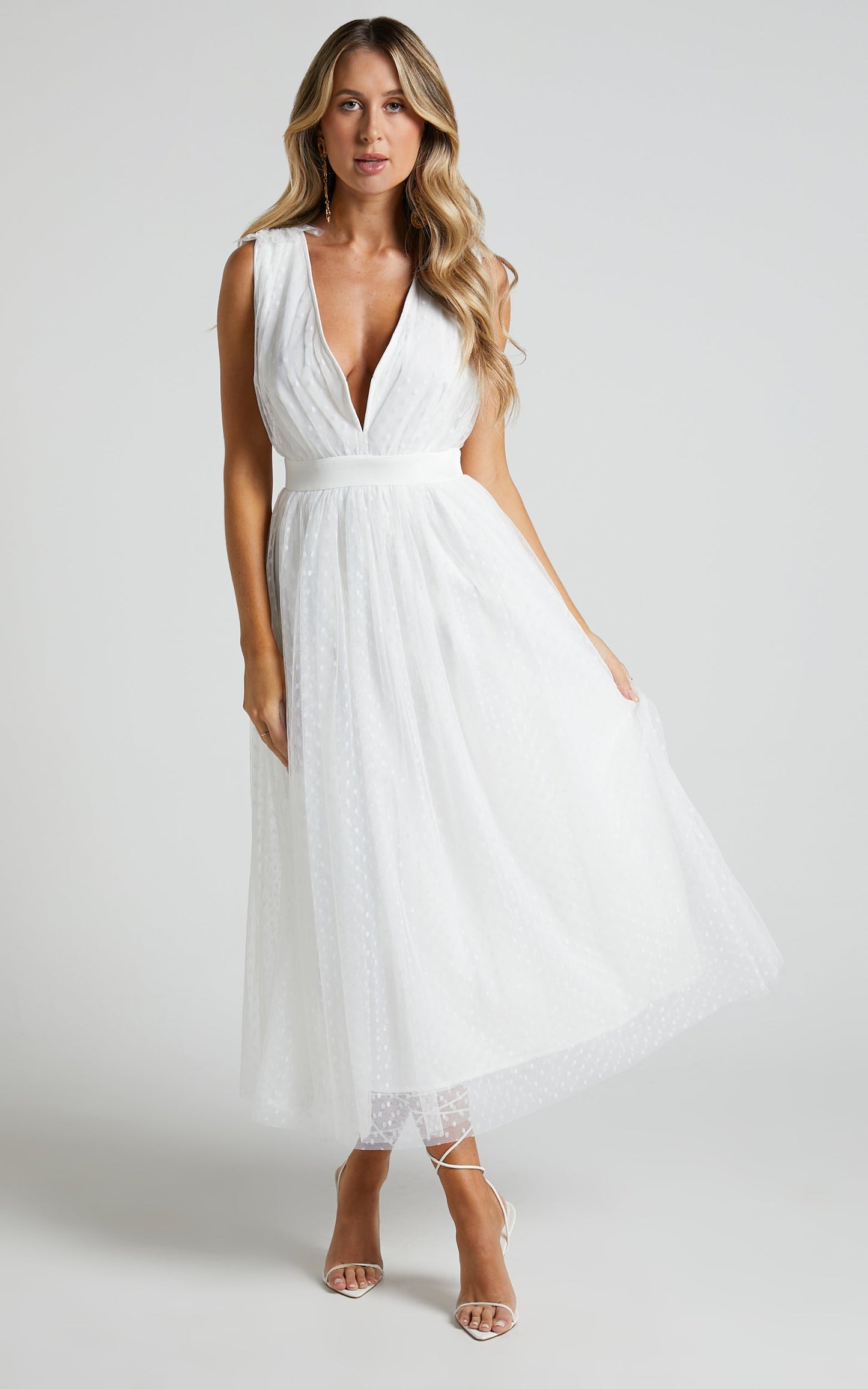 Meribel Midi Dress - Plunge A Line Tie Back Dress in White