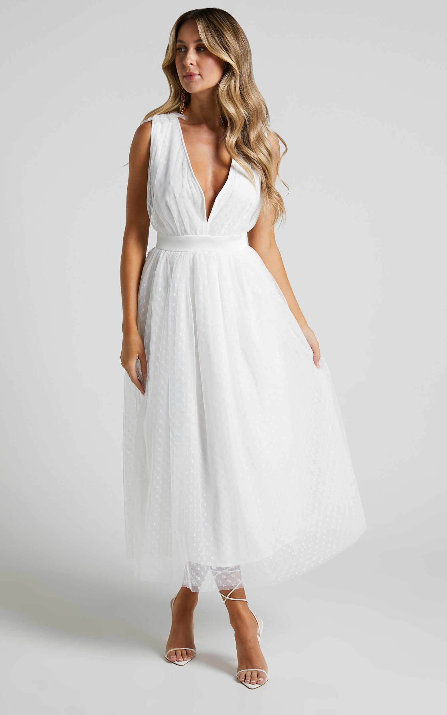 Meribel Midi Dress - Plunge A Line Tie Back Dress in White