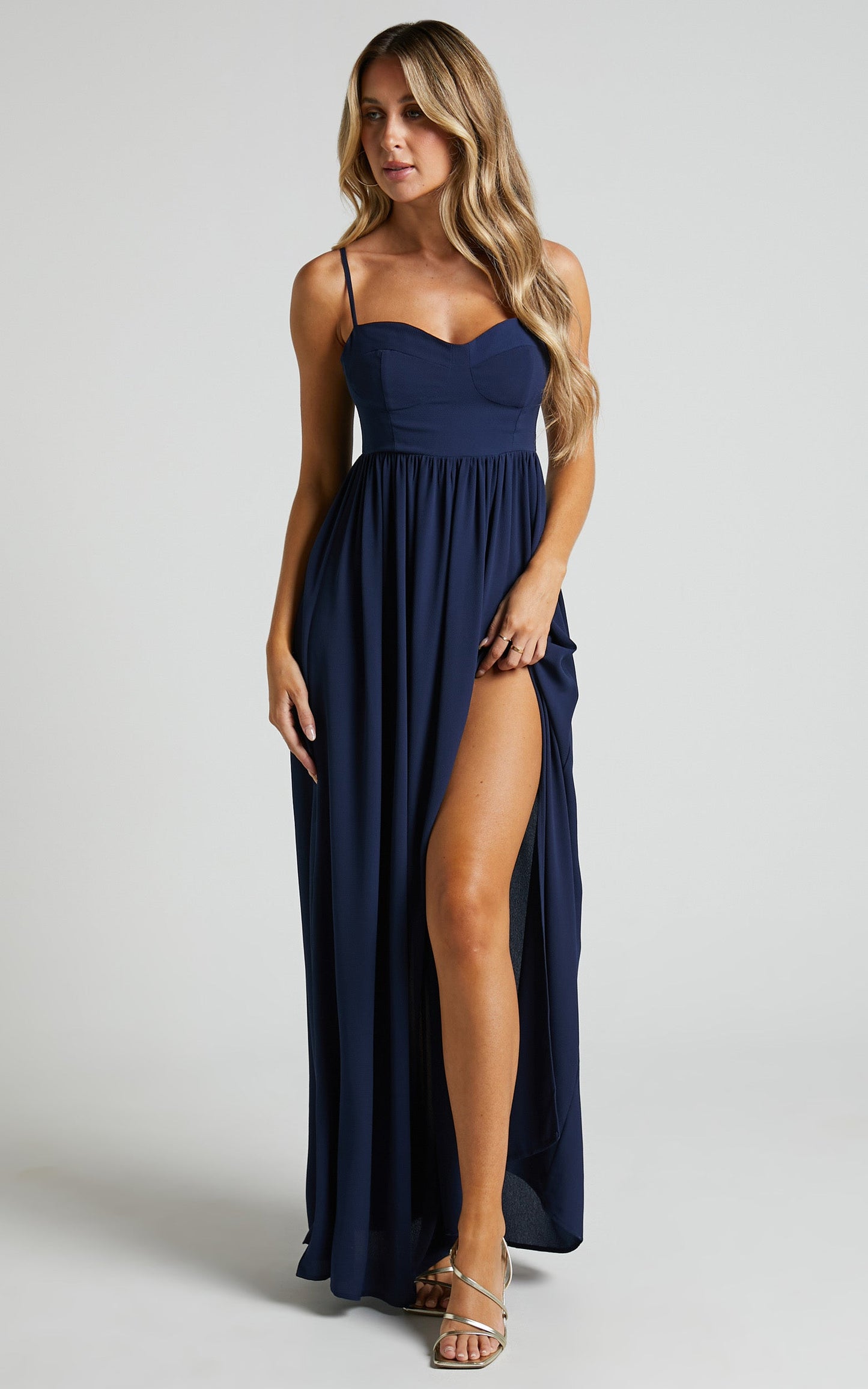 Merida Midi Dress - Gathered Thigh Split Sweetheart Dress in Navy