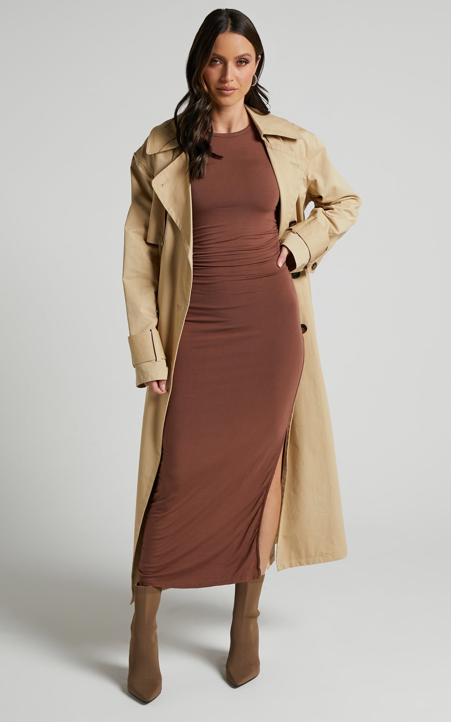Mhaniel Midi Dress - Bodycon Long Sleeve Dress in Brown