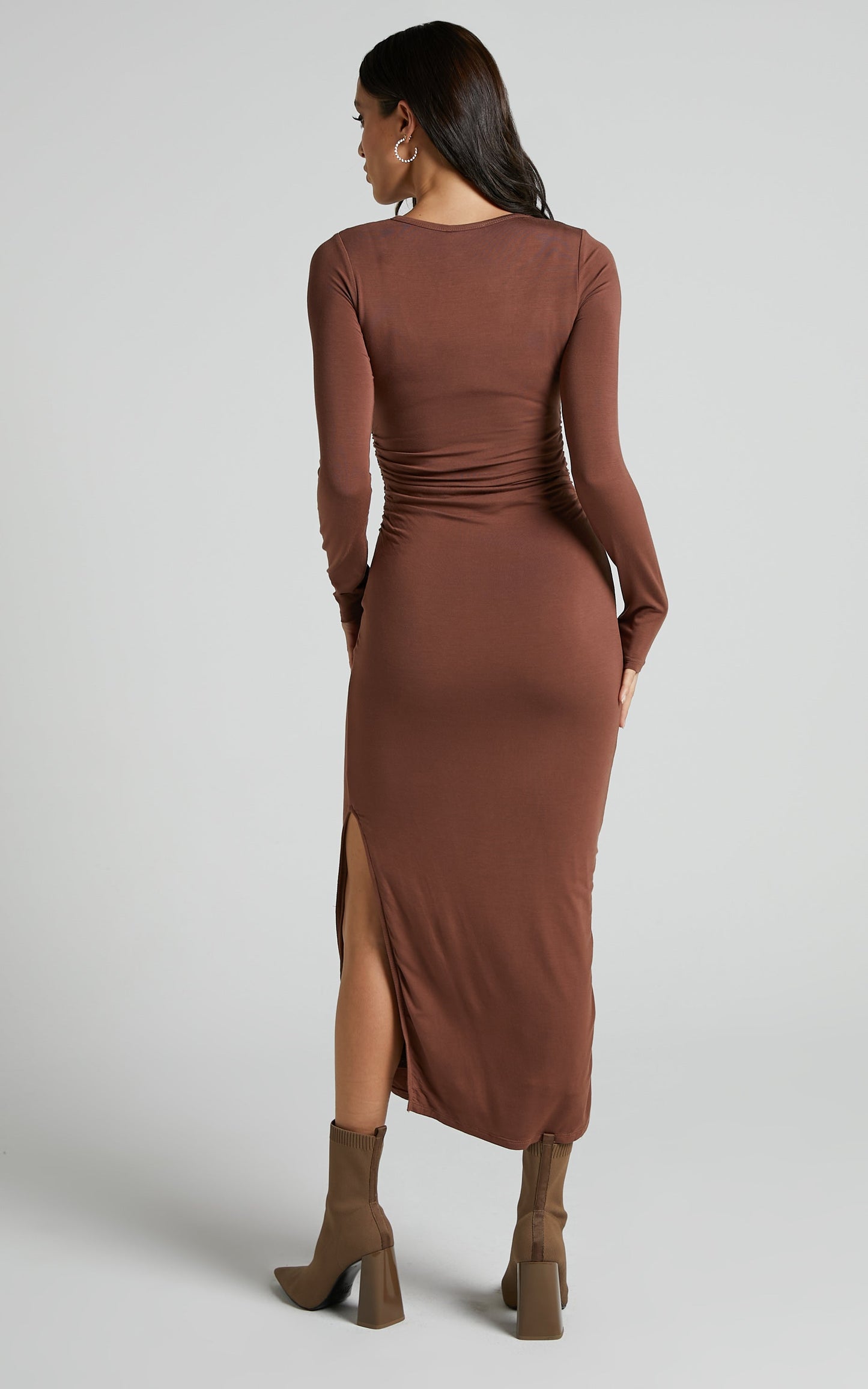 Mhaniel Midi Dress - Bodycon Long Sleeve Dress in Brown