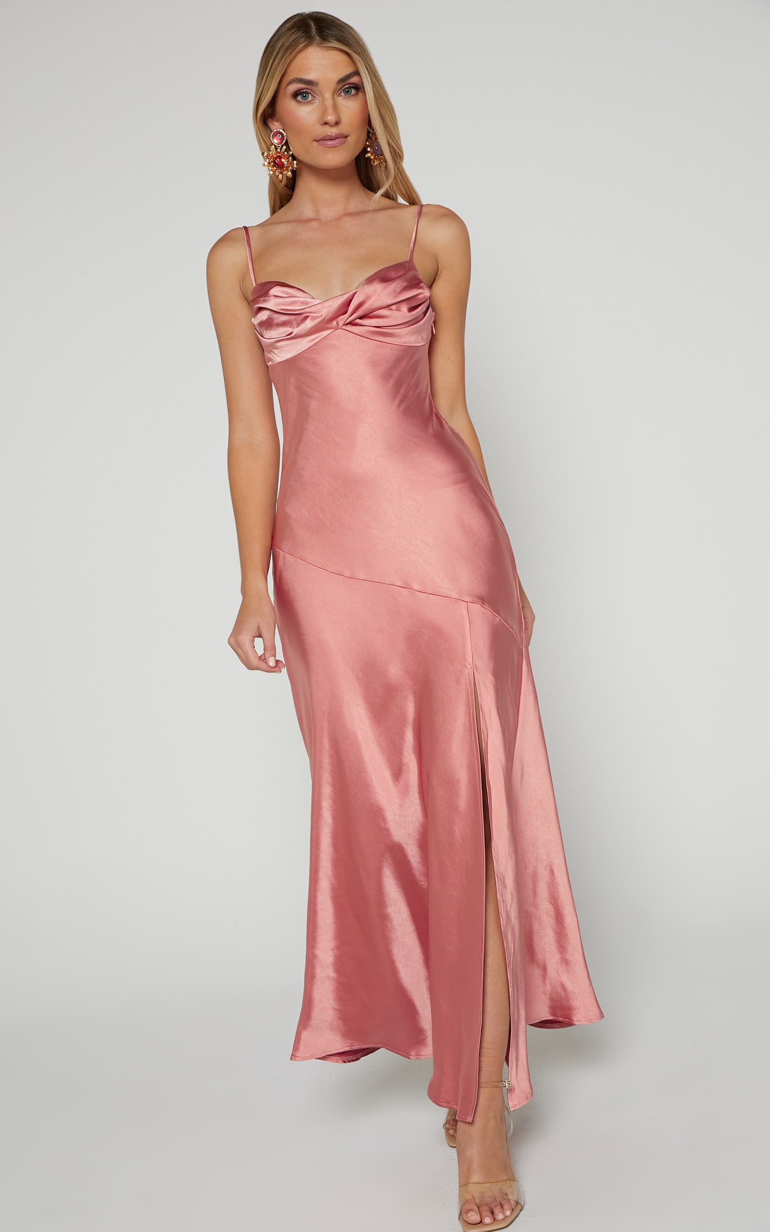Mhelai Midi Dress - Ruched Chest Dress in Peached Coral