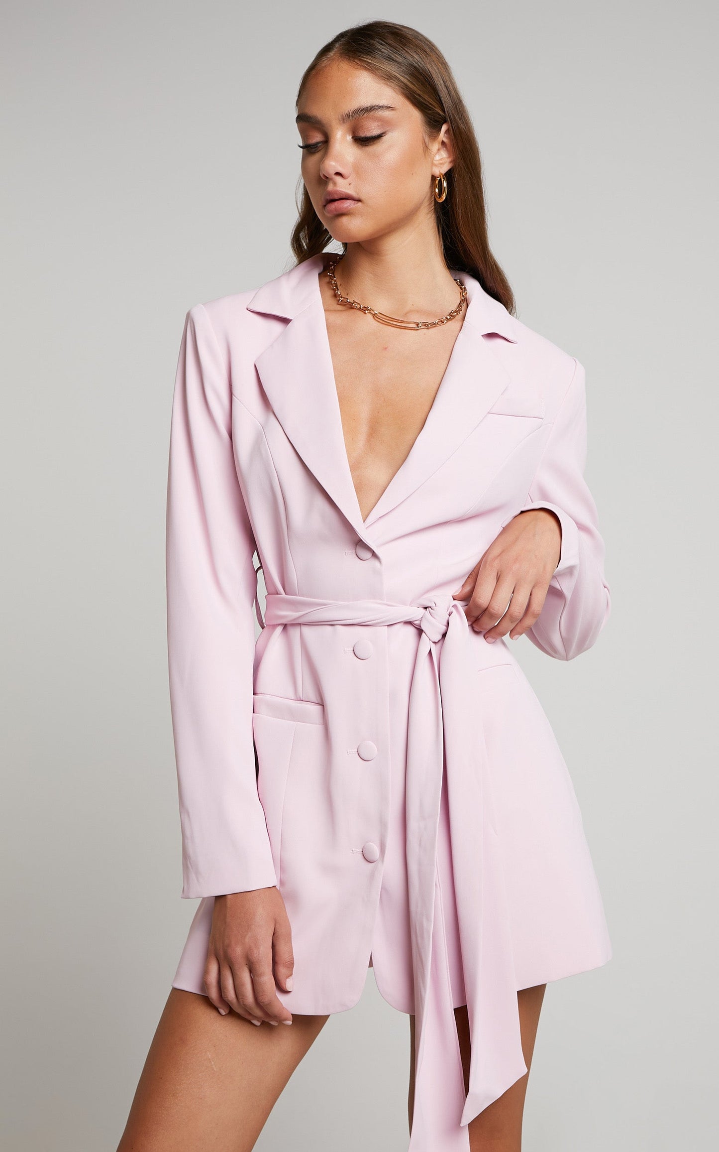 Mhina Mini Dress - Waist Tie Blazer Dress in Pink