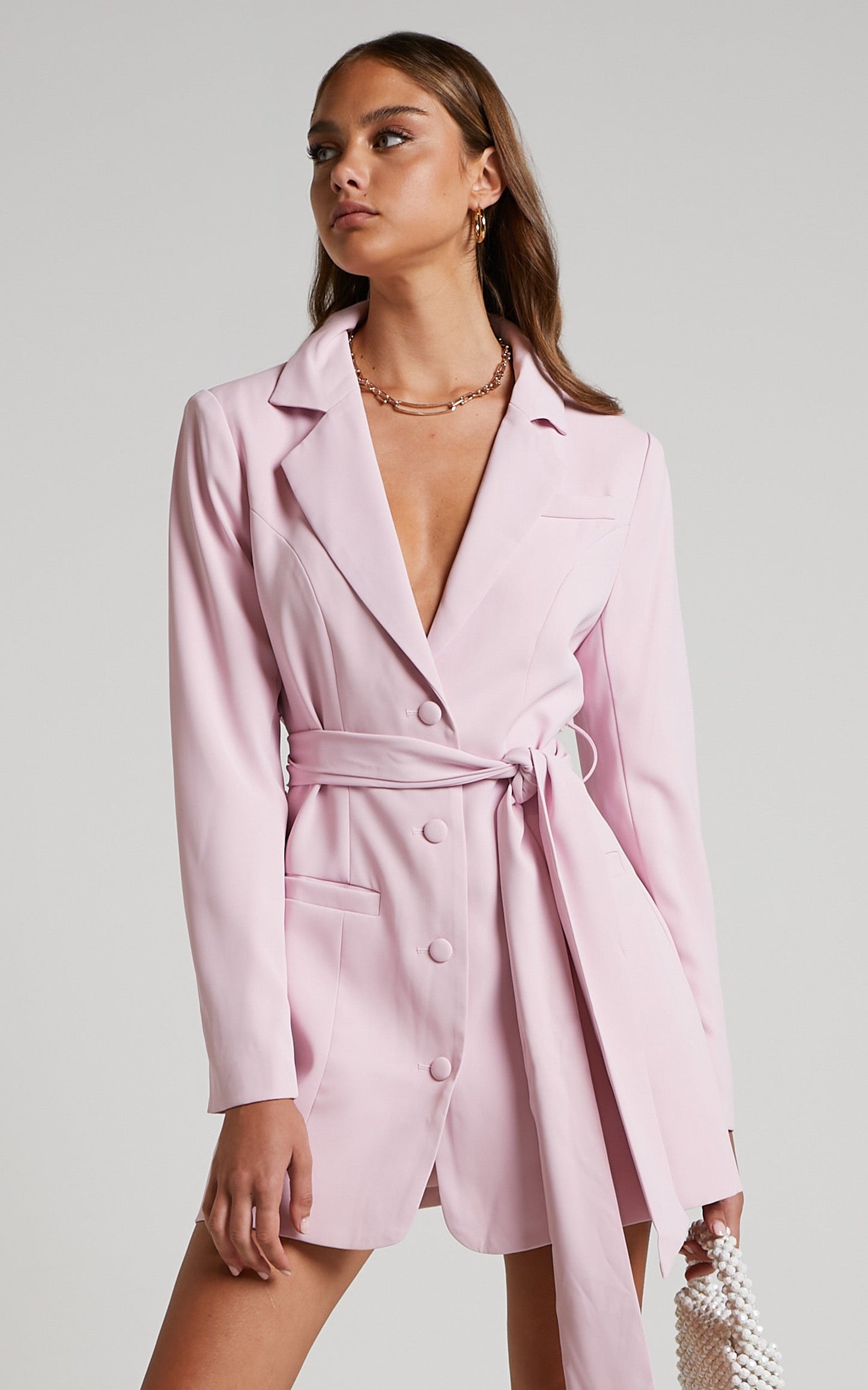 Mhina Mini Dress - Waist Tie Blazer Dress in Pink