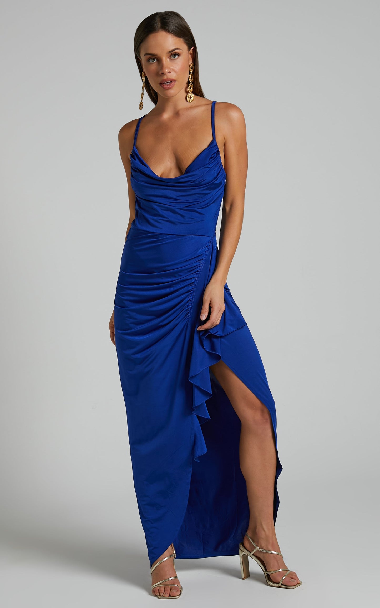 Mhira Midi Dress - Cowl Neck Dress in Blue