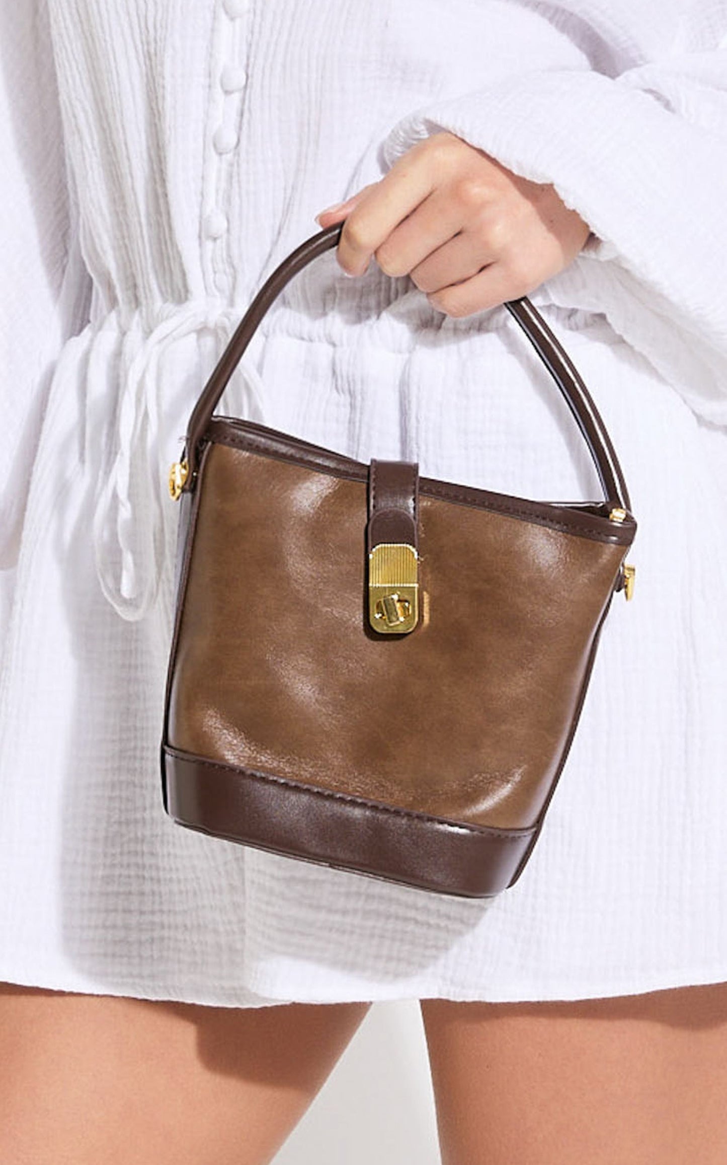 Miami Bag - PU Bucket Mini Tote Bag in Brown
