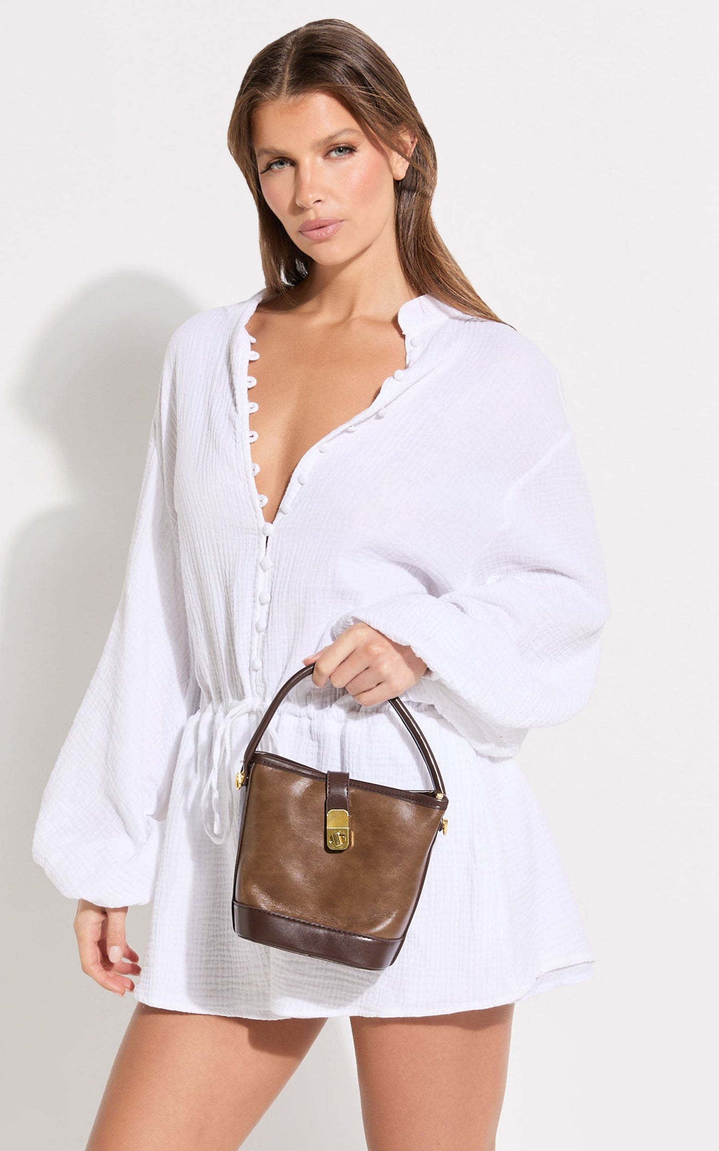 Miami Bag - PU Bucket Mini Tote Bag in Brown