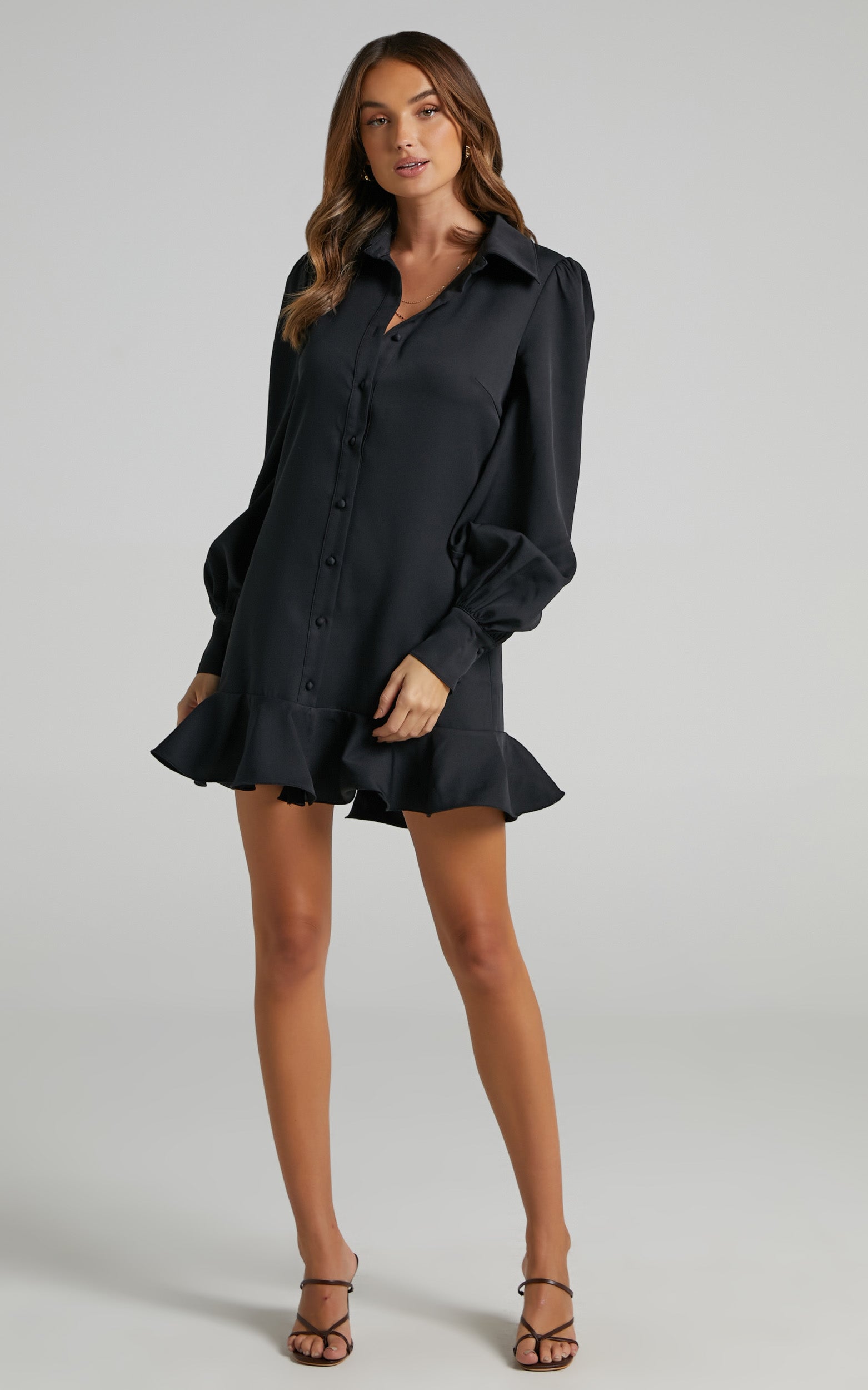Mica Mini Dress - Frill Hem Balloon Sleeve Shirt Dress in Black