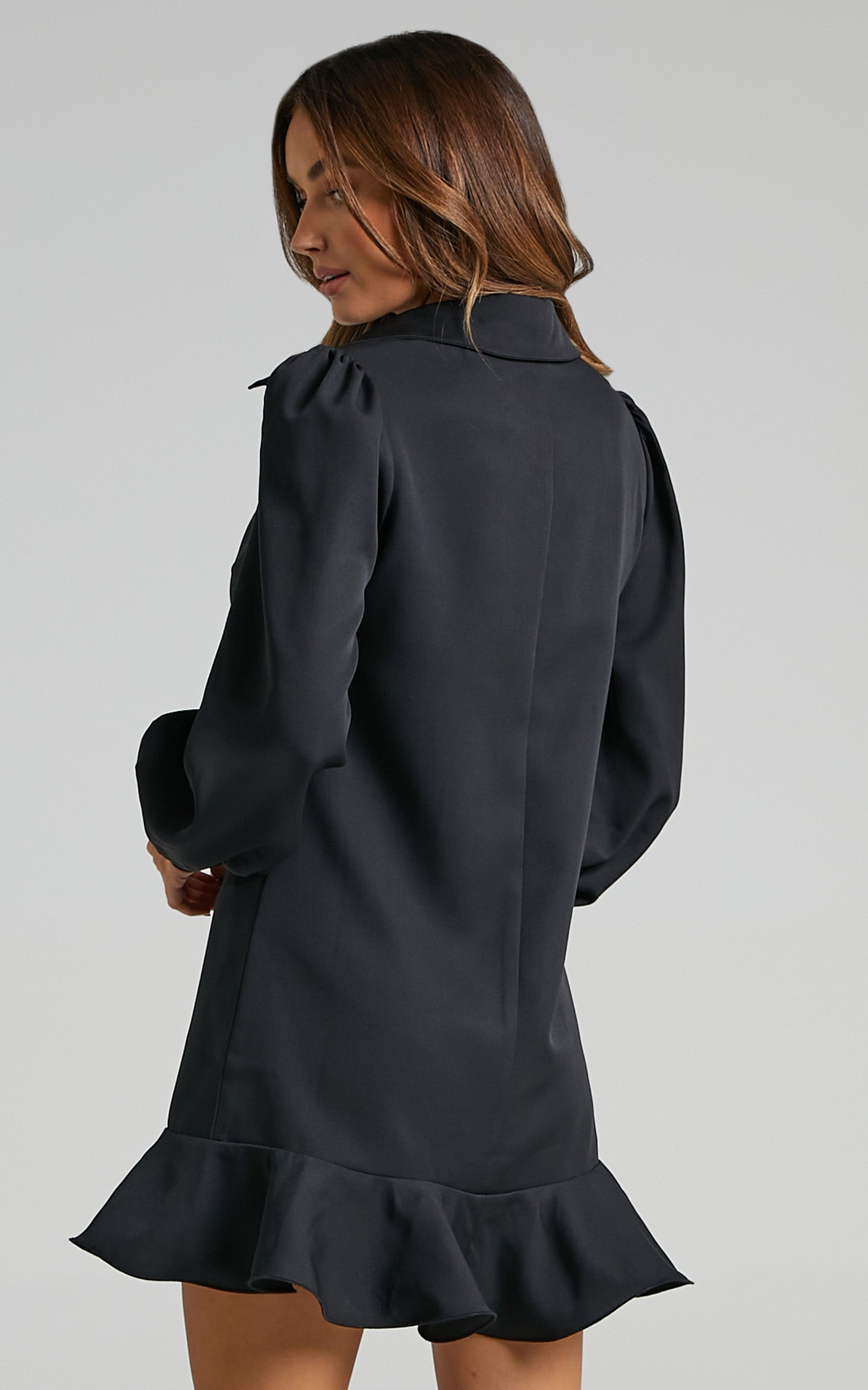 Mica Mini Dress - Frill Hem Balloon Sleeve Shirt Dress in Black