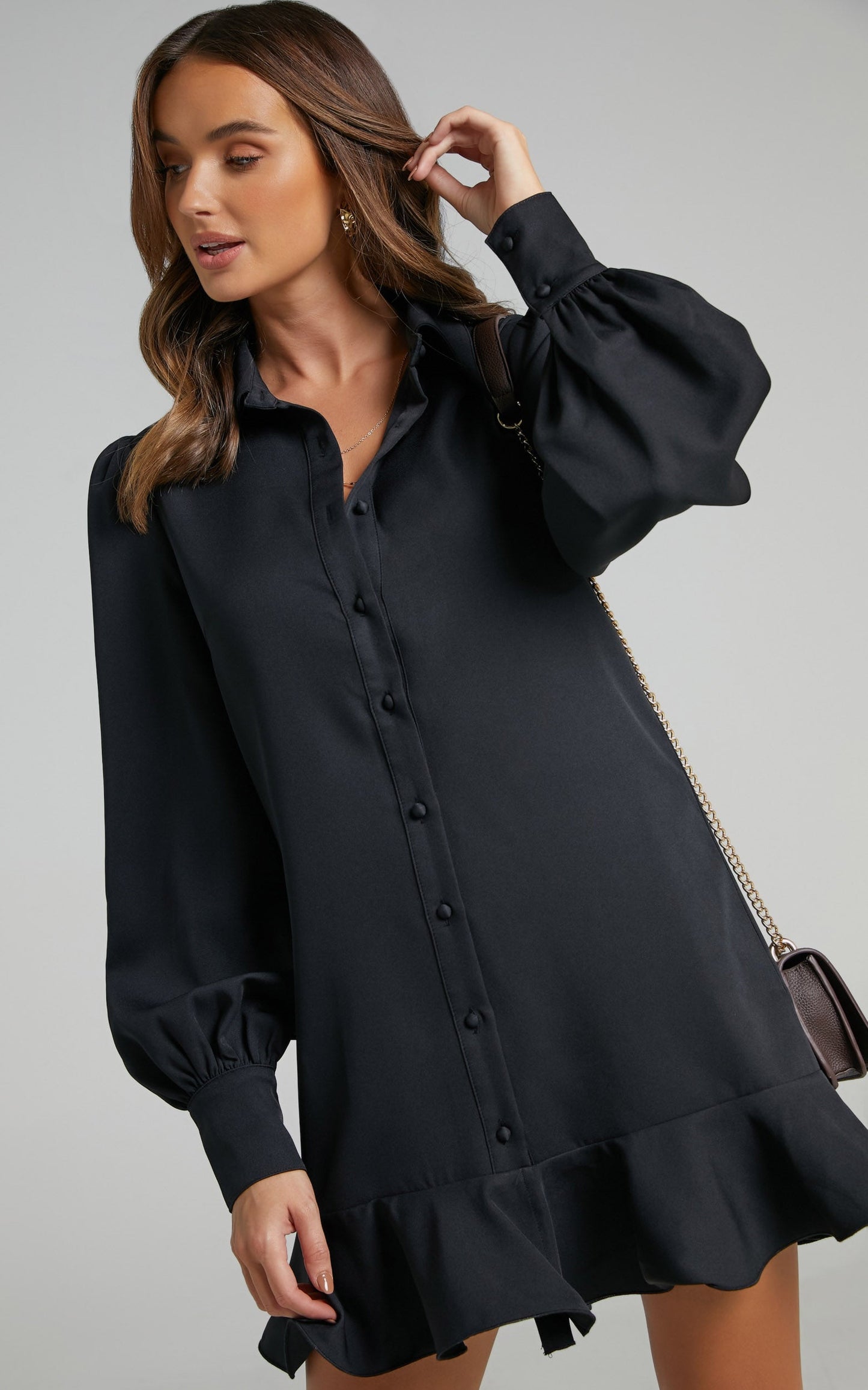Mica Mini Dress - Frill Hem Balloon Sleeve Shirt Dress in Black