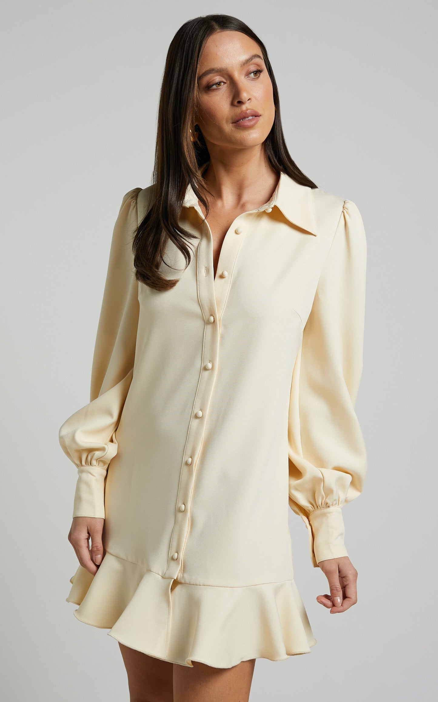 Mica Mini Dress - Frill Hem Balloon Sleeve Shirt Dress in Stone