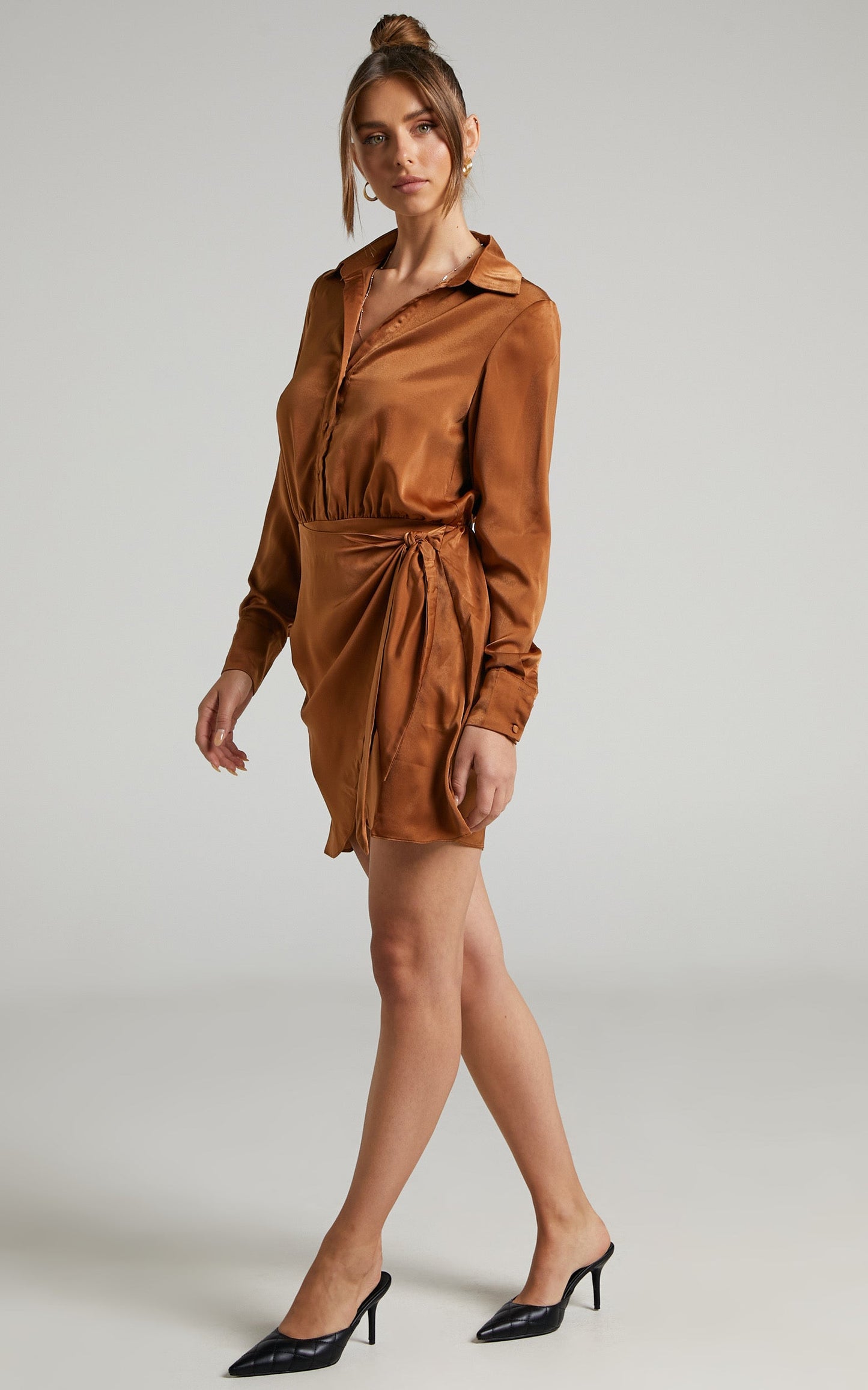 Michae Long Sleeve Wrap Front Mini Dress in Rust