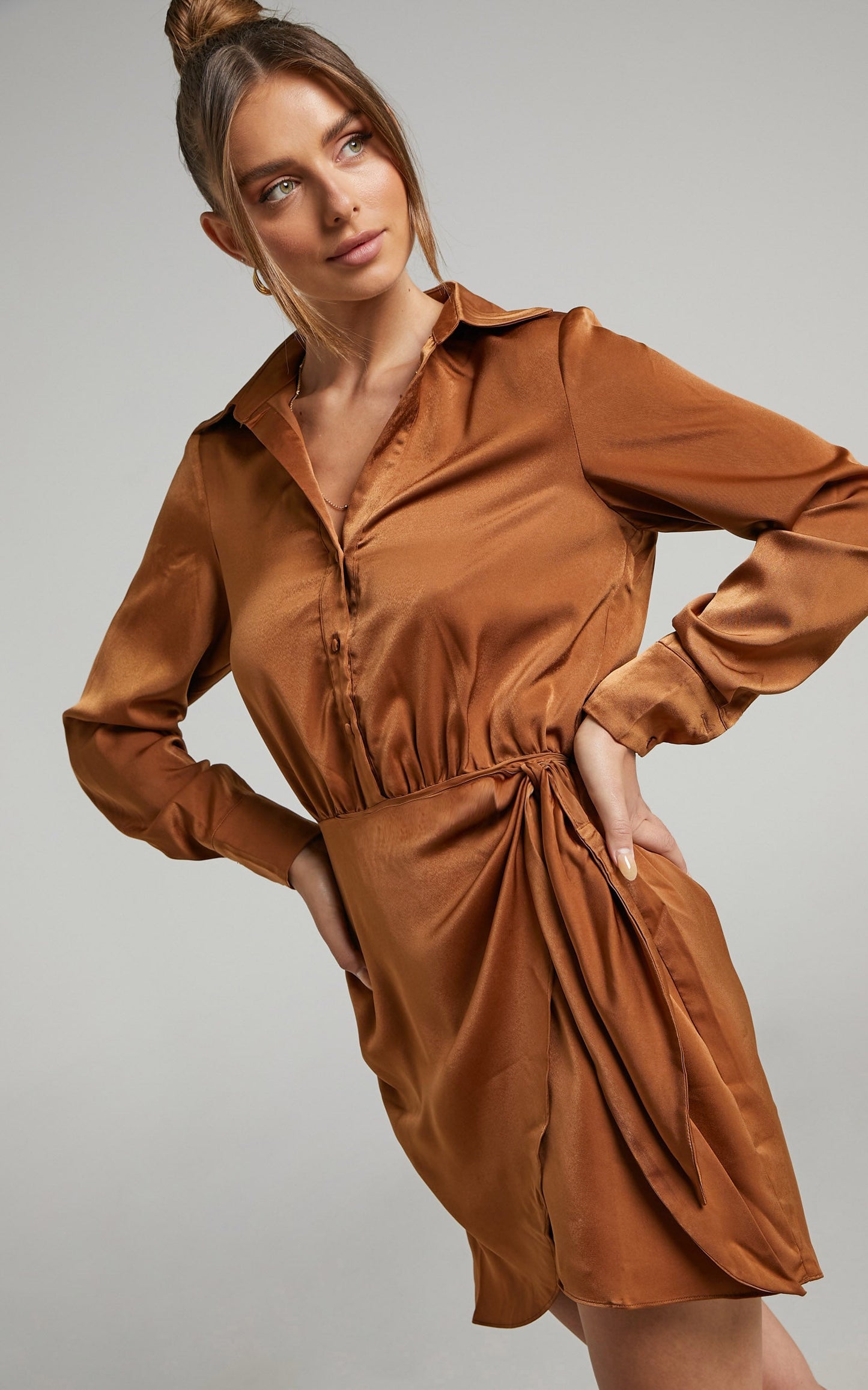 Michae Long Sleeve Wrap Front Mini Dress in Rust