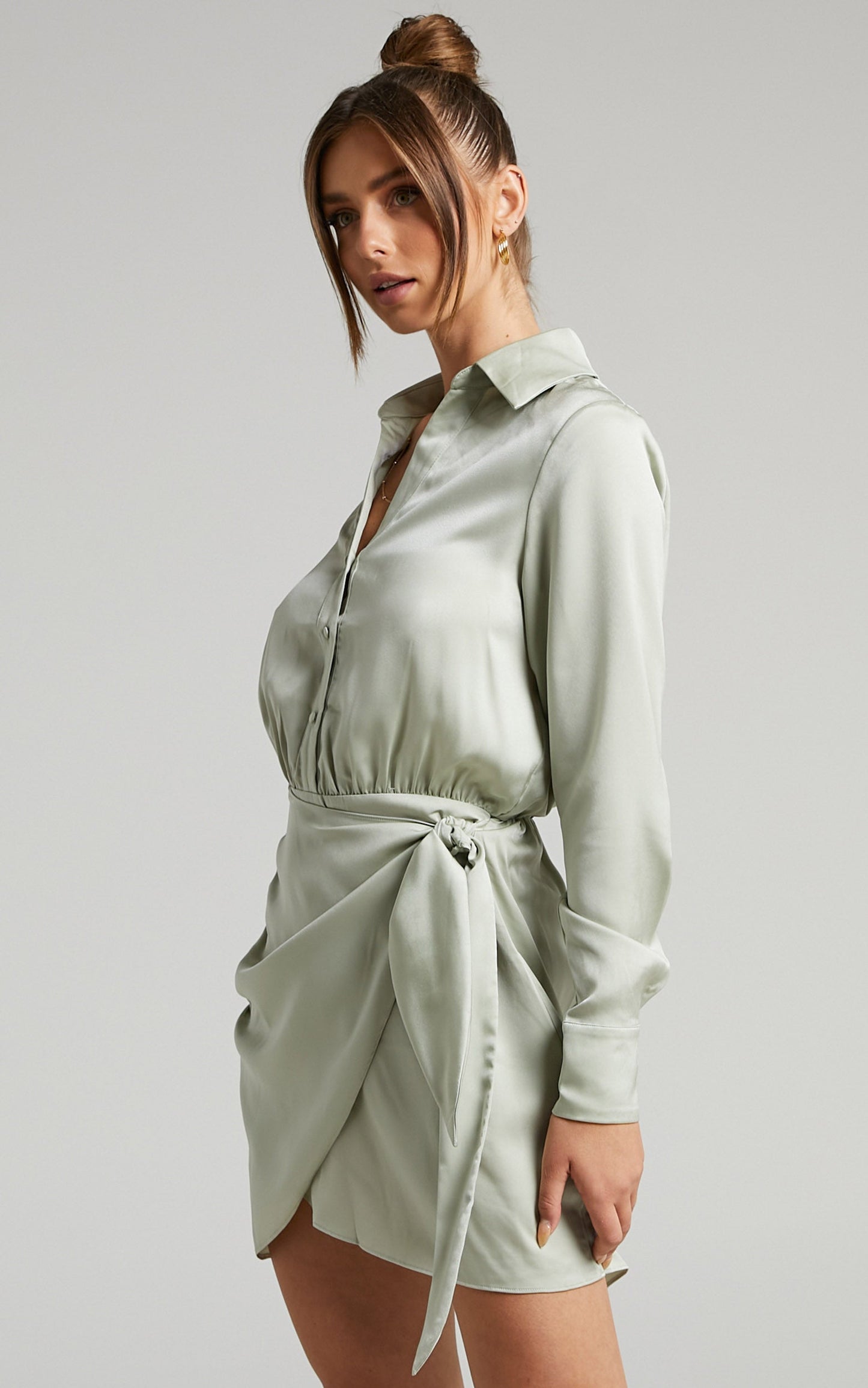 Michae Long Sleeve Wrap Front Mini Dress in Sage