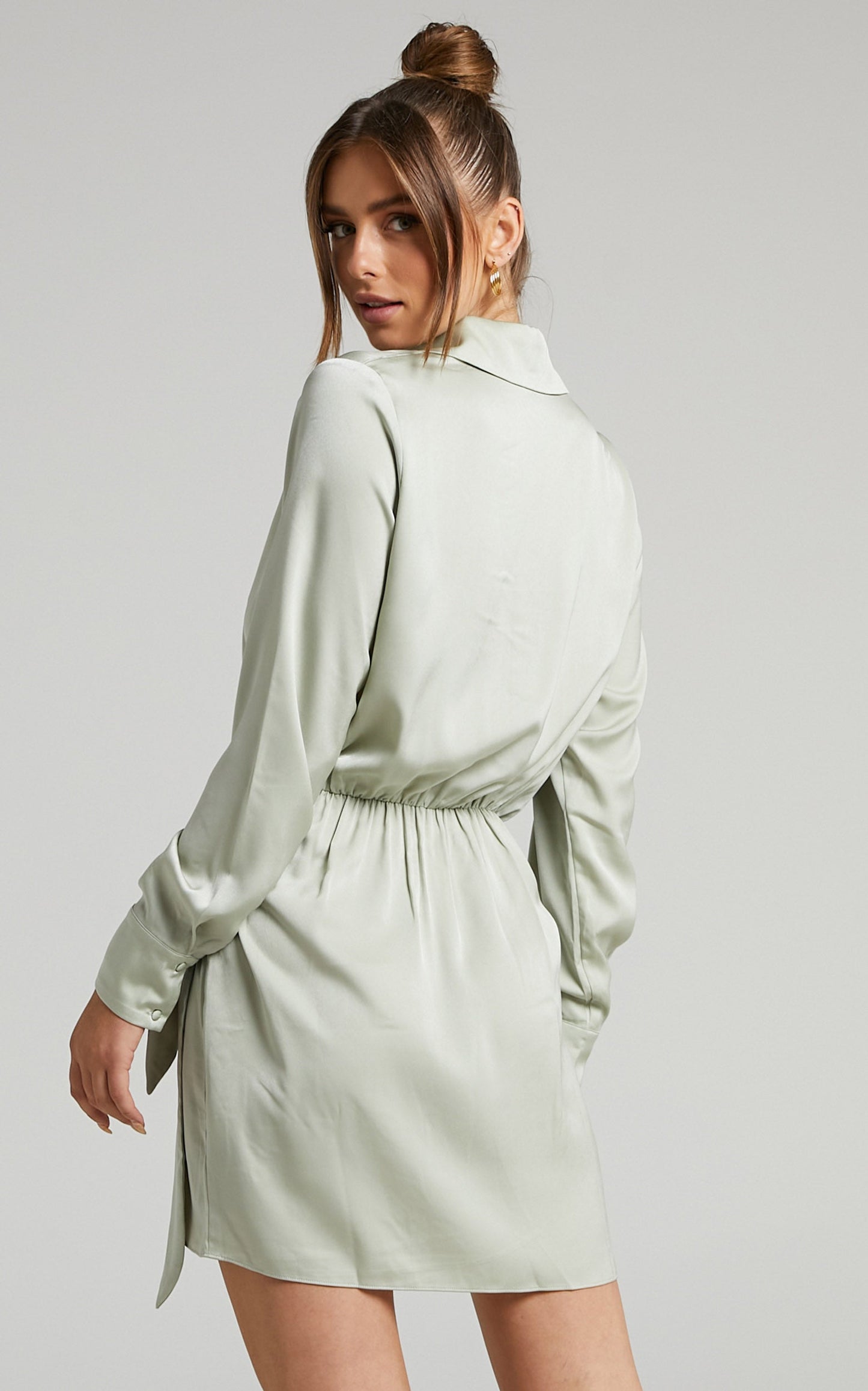 Michae Long Sleeve Wrap Front Mini Dress in Sage