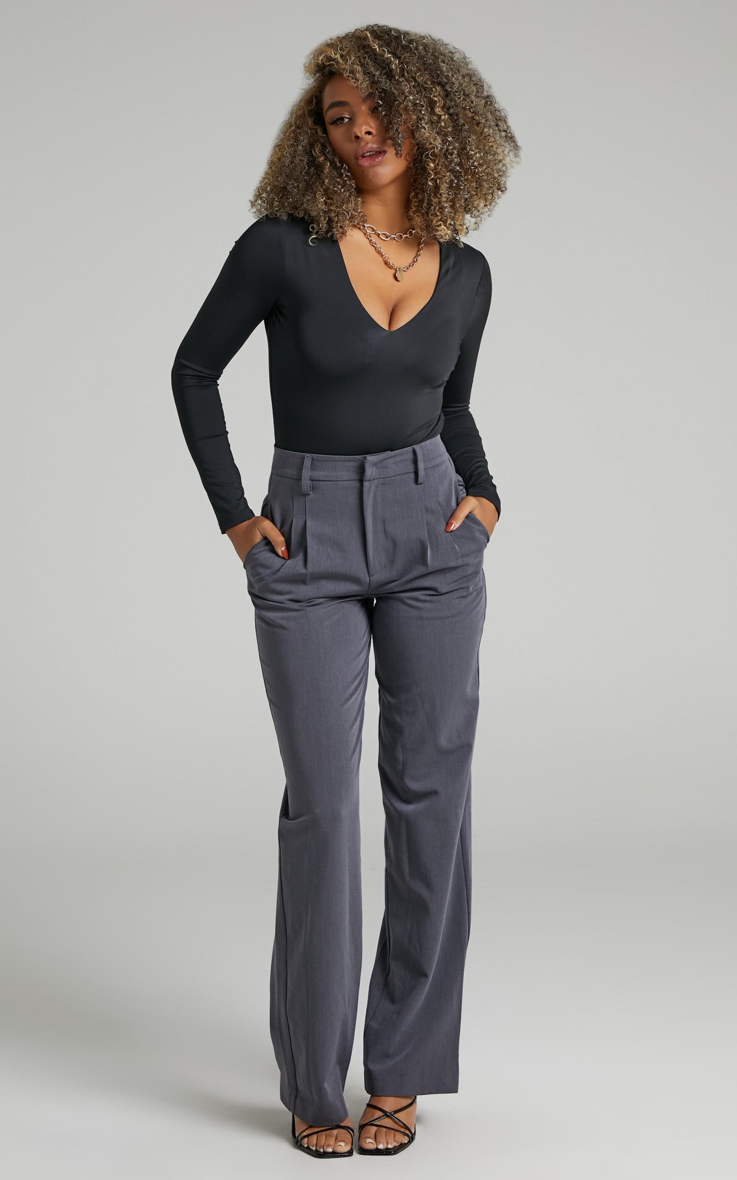 Michella Bodysuit - Deep V Neck Longsleeve Bodysuit in Black