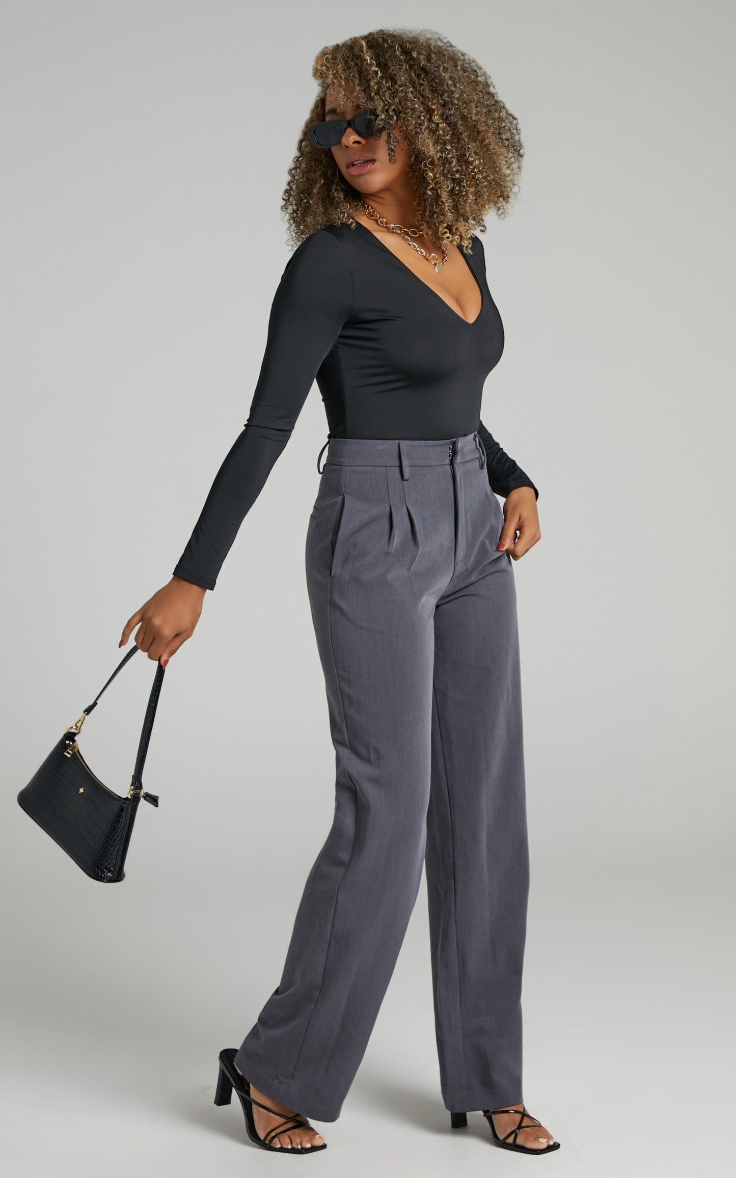 Michella Bodysuit - Deep V Neck Longsleeve Bodysuit in Black