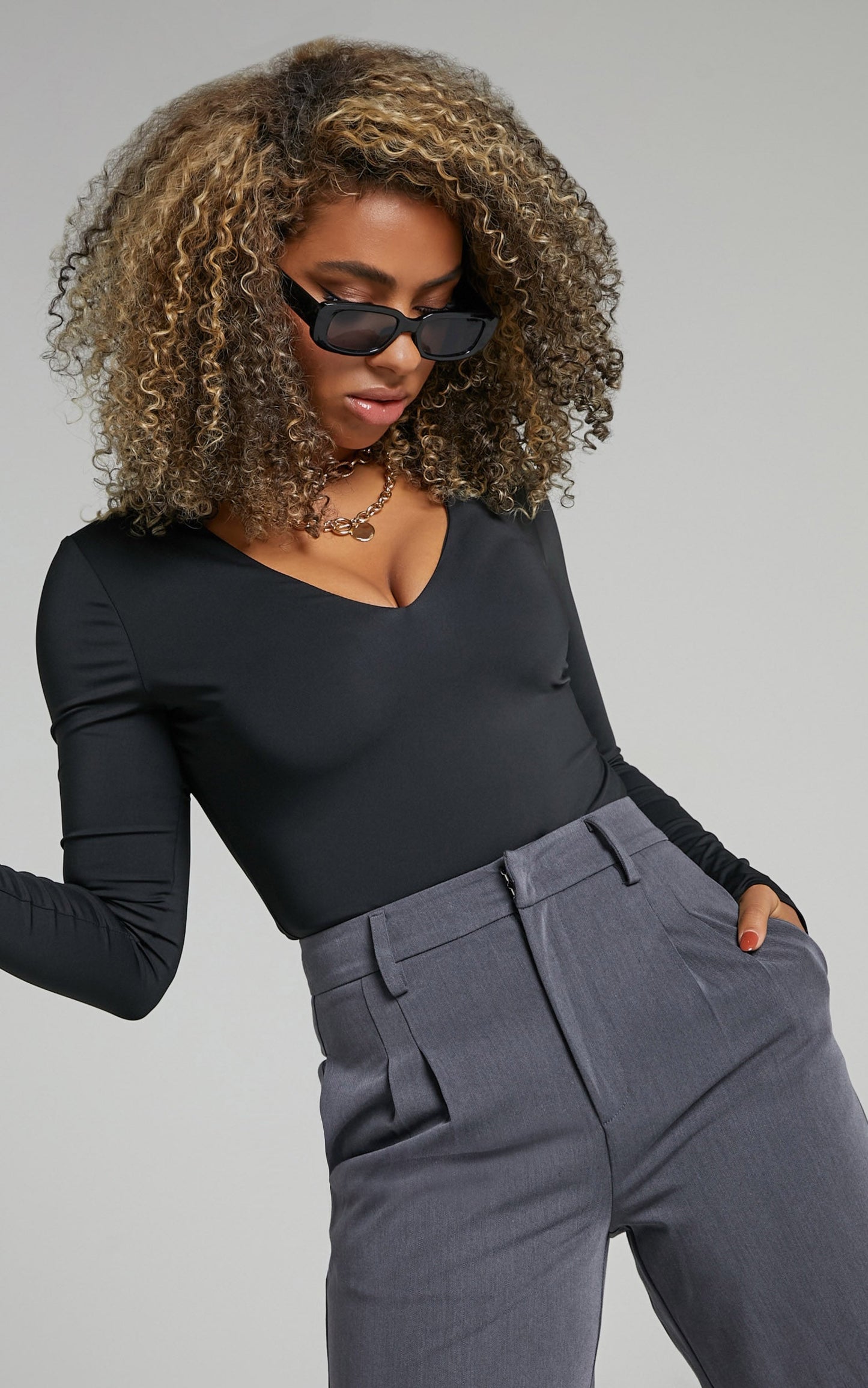 Michella Bodysuit - Deep V Neck Longsleeve Bodysuit in Black