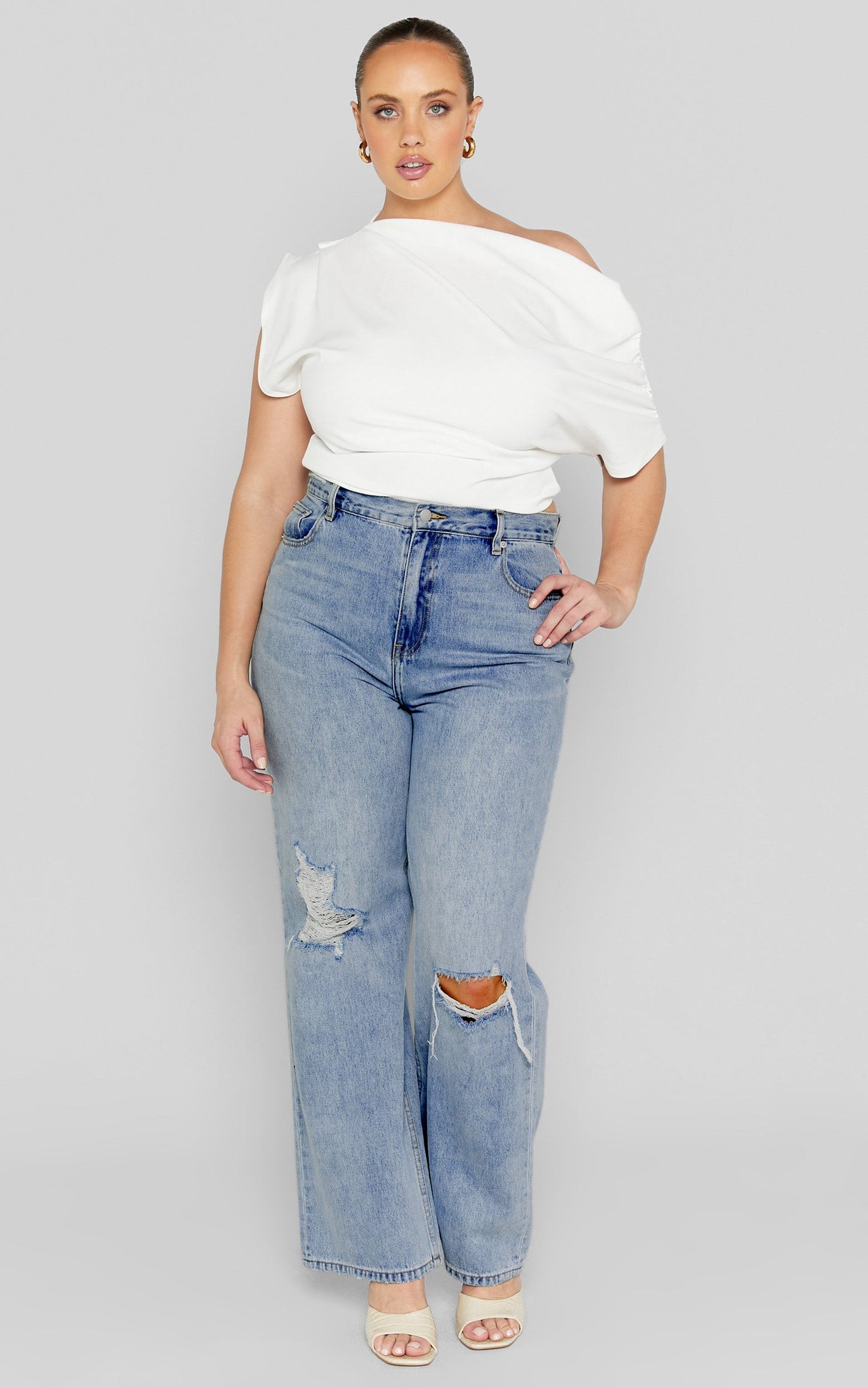 Miho Jeans - High Waisted Recycled Cotton Distressed Straight Leg Denim Jeans in Mid Blue Wash