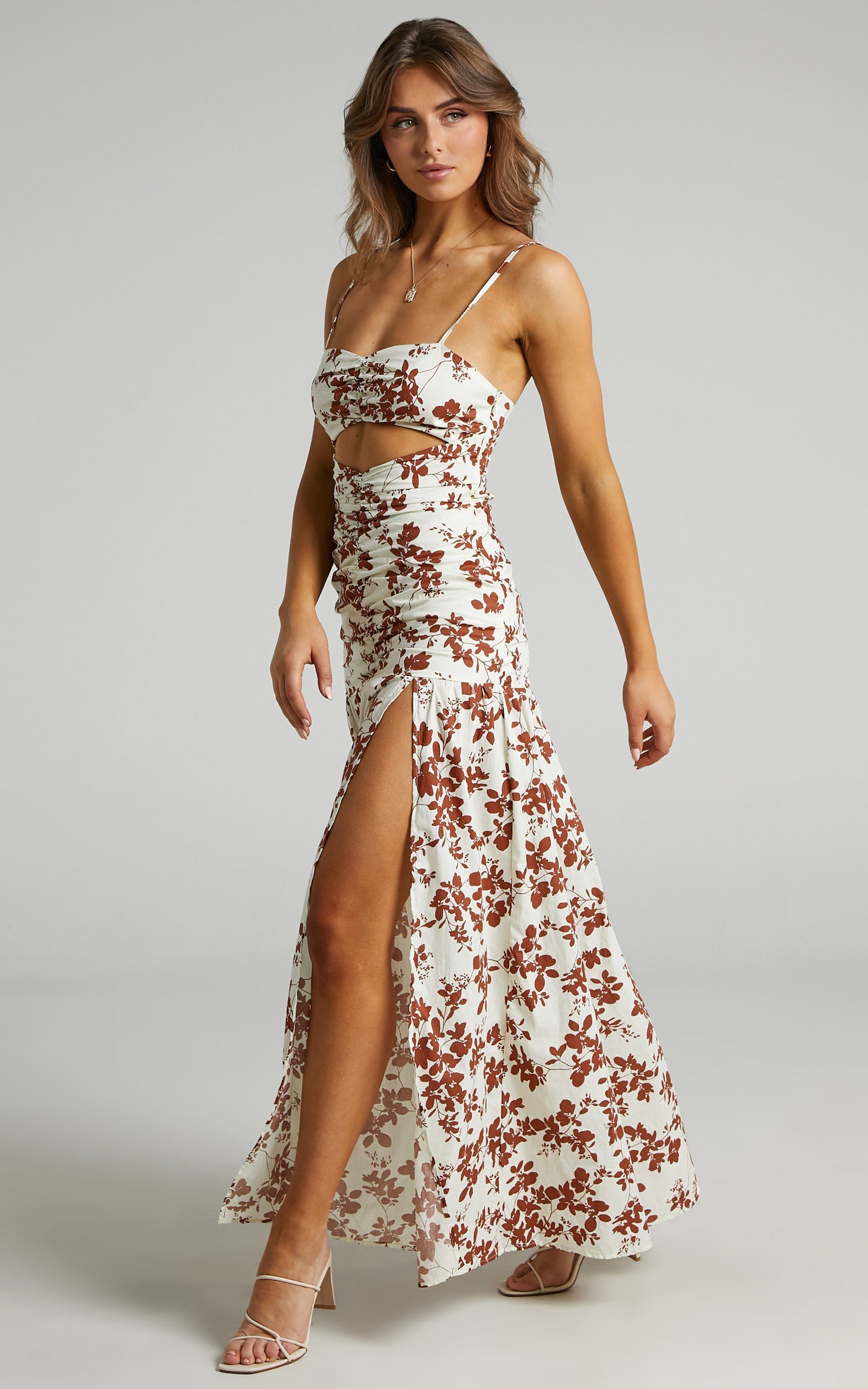 Mikaela Ruched Front Underbust Cut Out Maxi Dress in Shadow Floral
