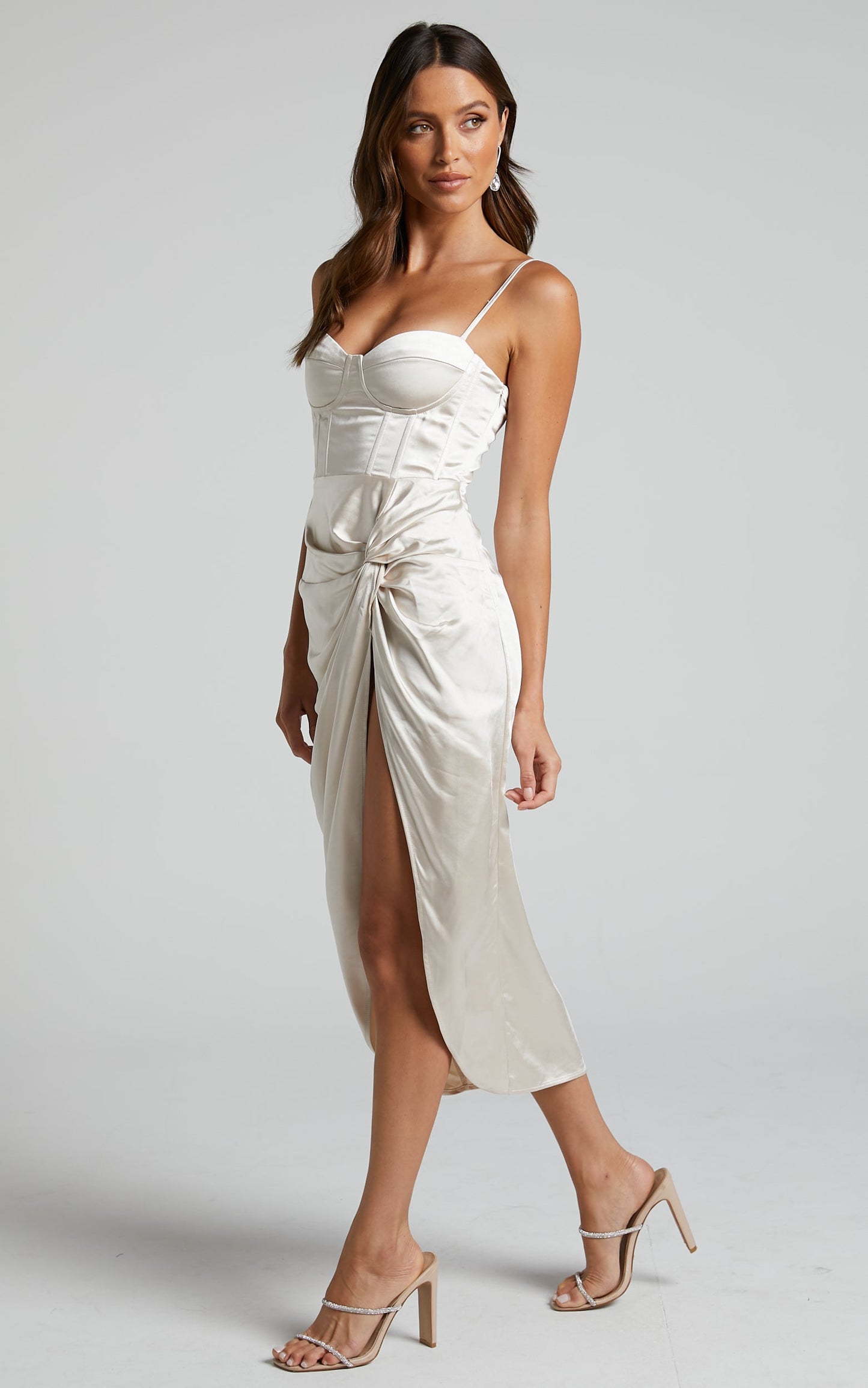 Mikaila Midi Dress - Knot Front Split Corset Dress in Oyster