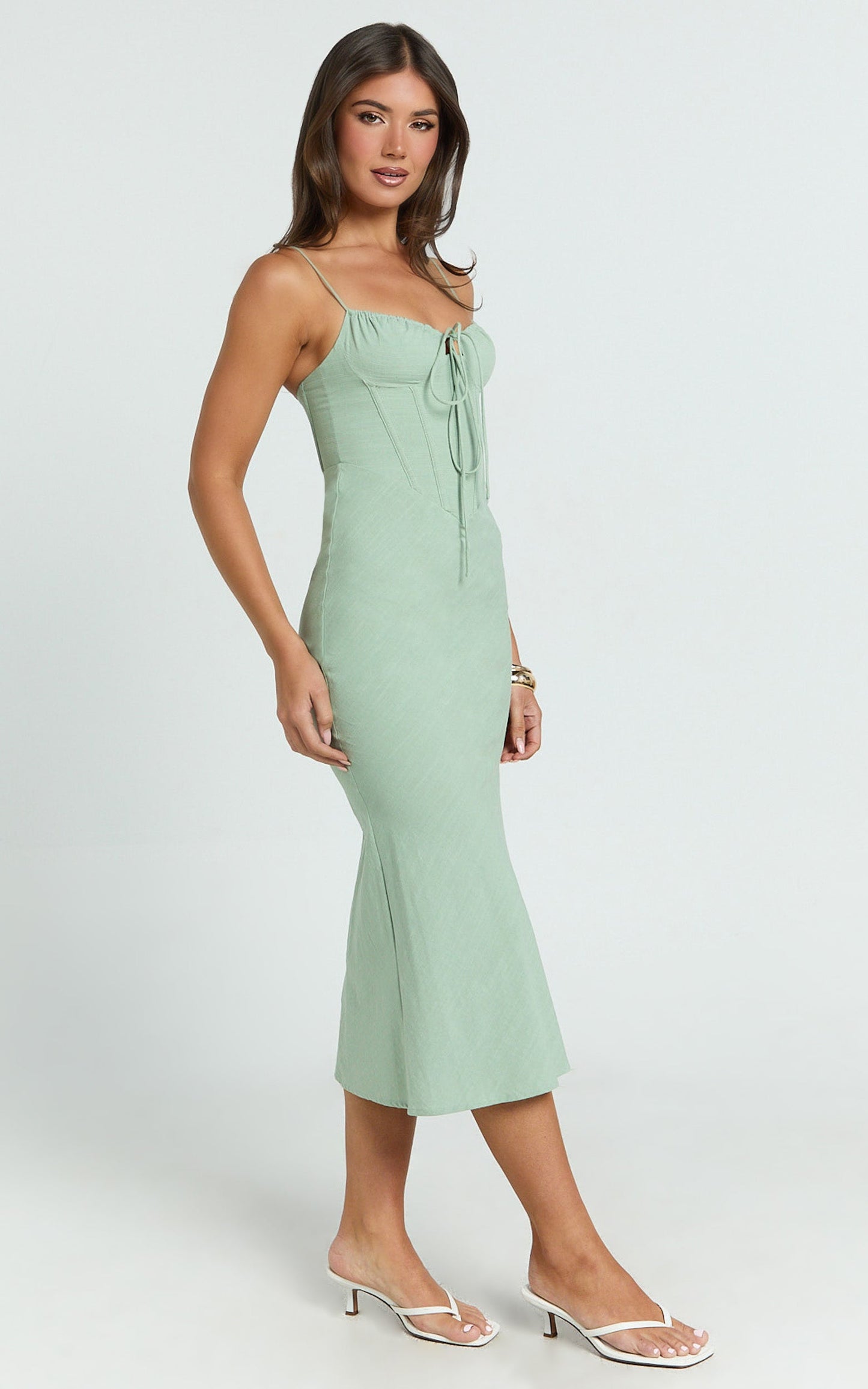Mikayla Midi Dress - Linen Scoop Neck Ruched Bust Corset Waist Bias Skirt Dress in Sage