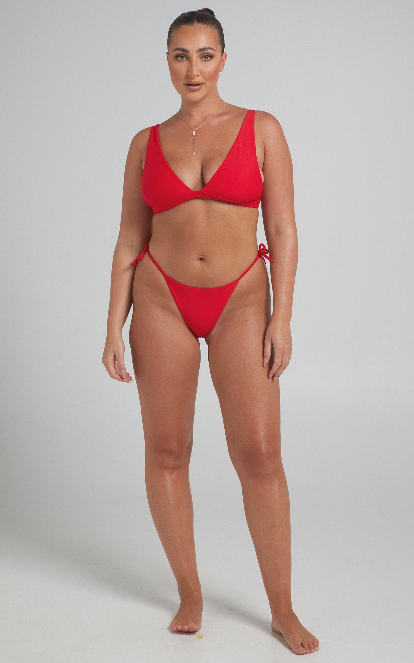 Brenna Recycled Nylon Tie Side Bikini Bottom in Red