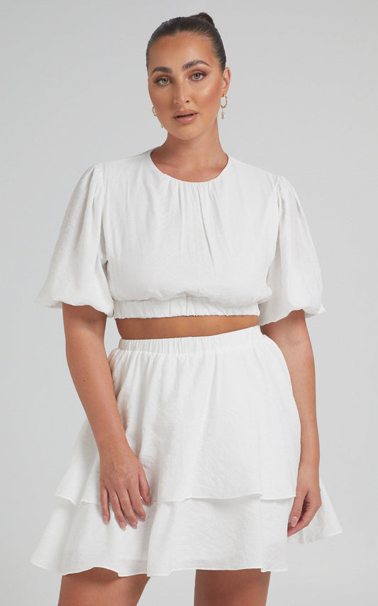 Abee Puff sleeve Tie Waist Two Piece Set in White