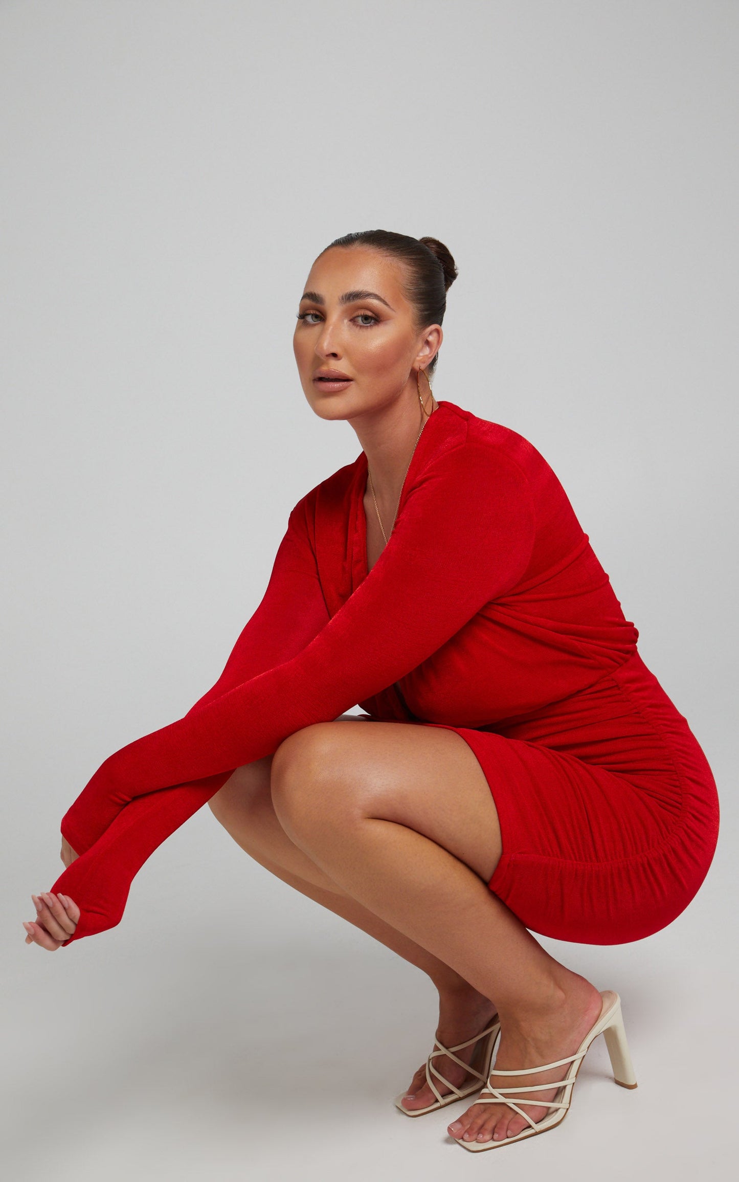 Kaitie Mini Deep V Open Front Ruched Dress in Red