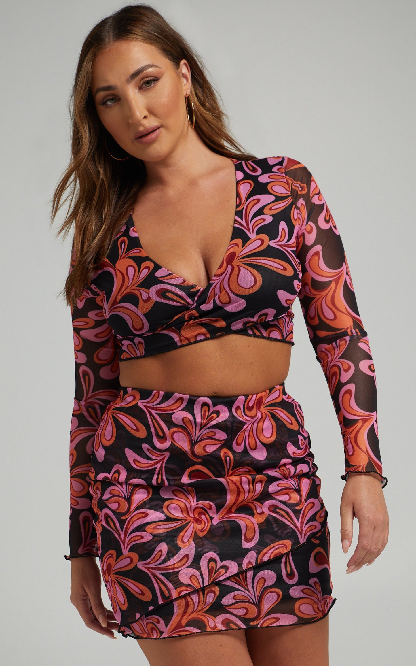 Rooney Long Sleeve Mesh Wrap Crop Top in Black Swirl