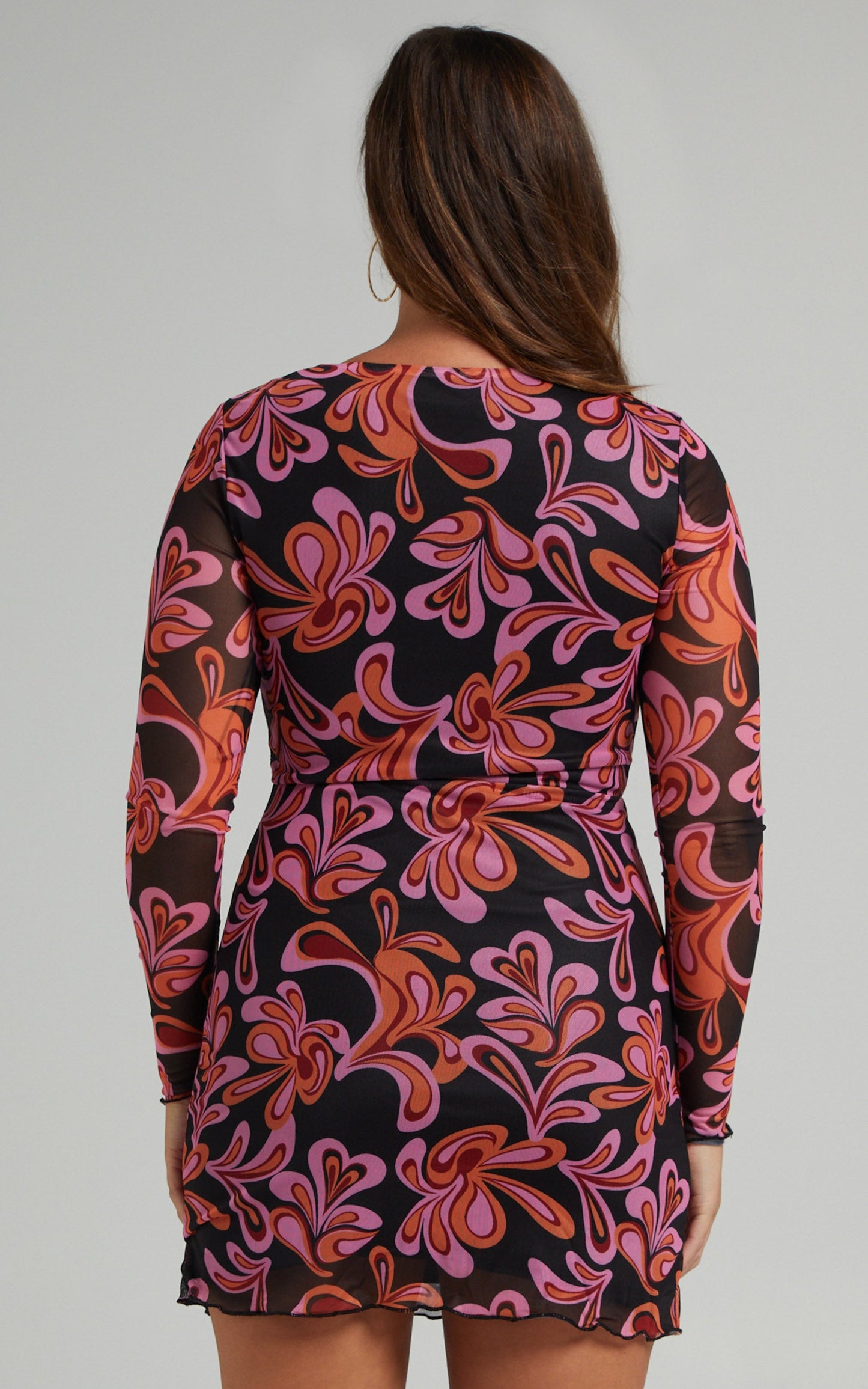 ROONEY Tie Front Long Sleeve Bodycon Dress in Black Swirl