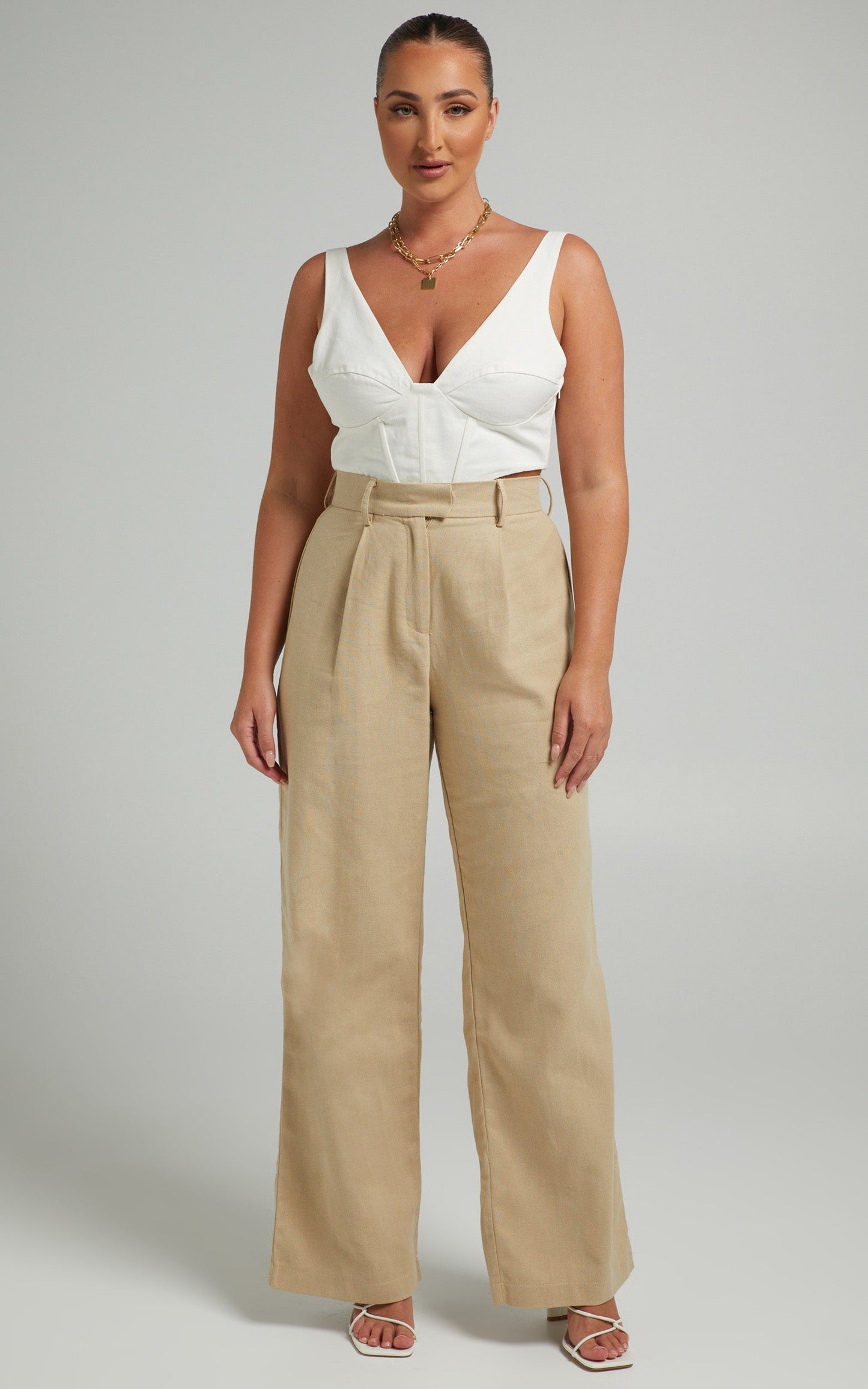 Mekaila Pants - High Waisted Tailored Pants in Beige Linen Look