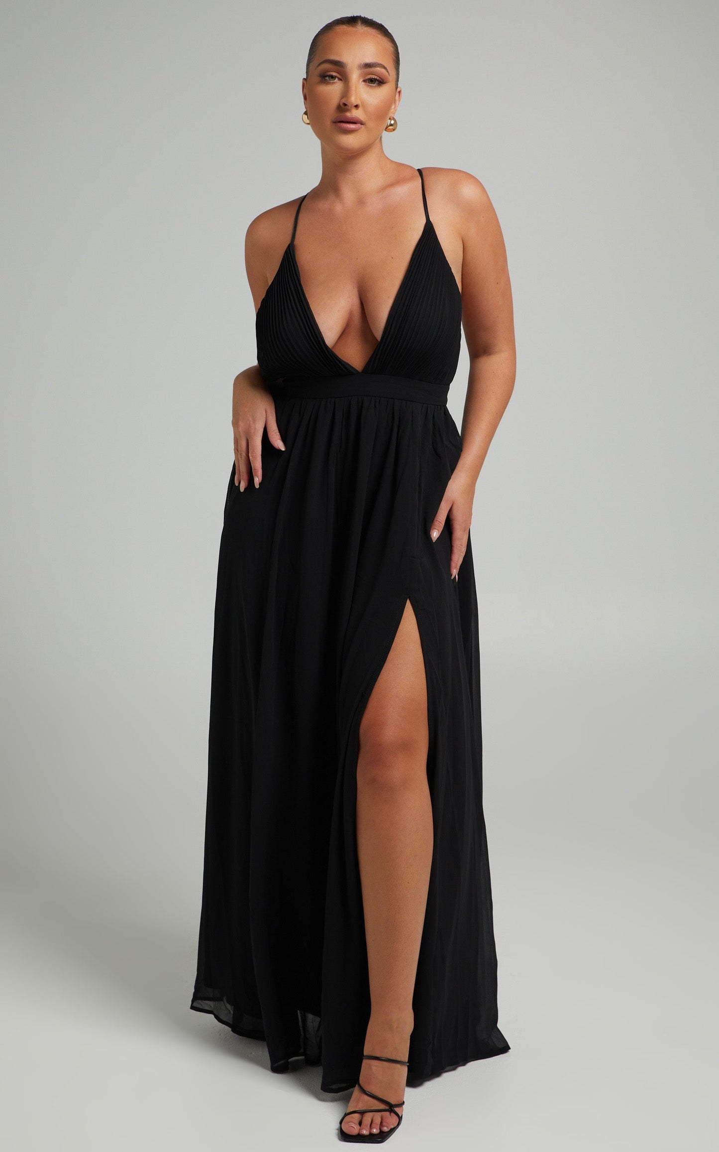 Shes A Delight Midi Dress - Plunge Thigh Split Dress in Black