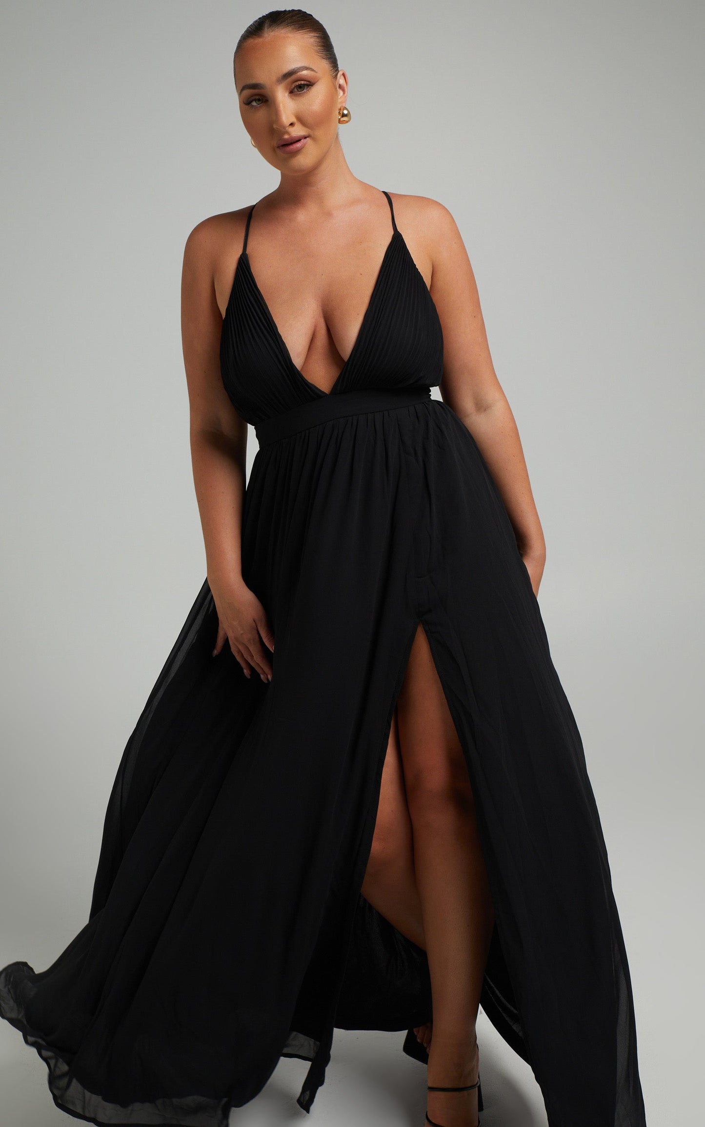 Shes A Delight Midi Dress - Plunge Thigh Split Dress in Black