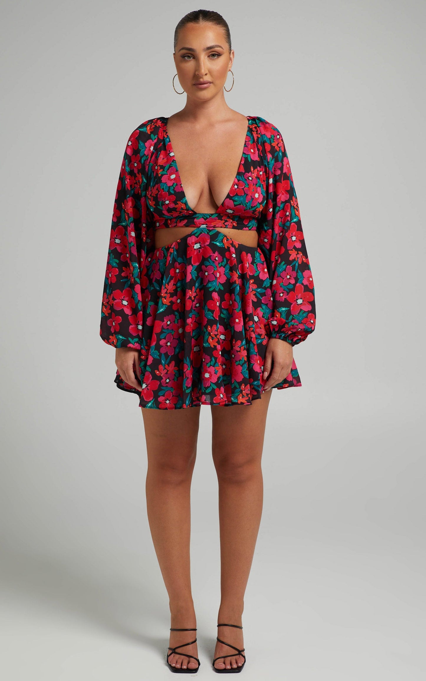Estesthra Long Sleeve Side Cut Out Mini dress in Fluro Tropicana
