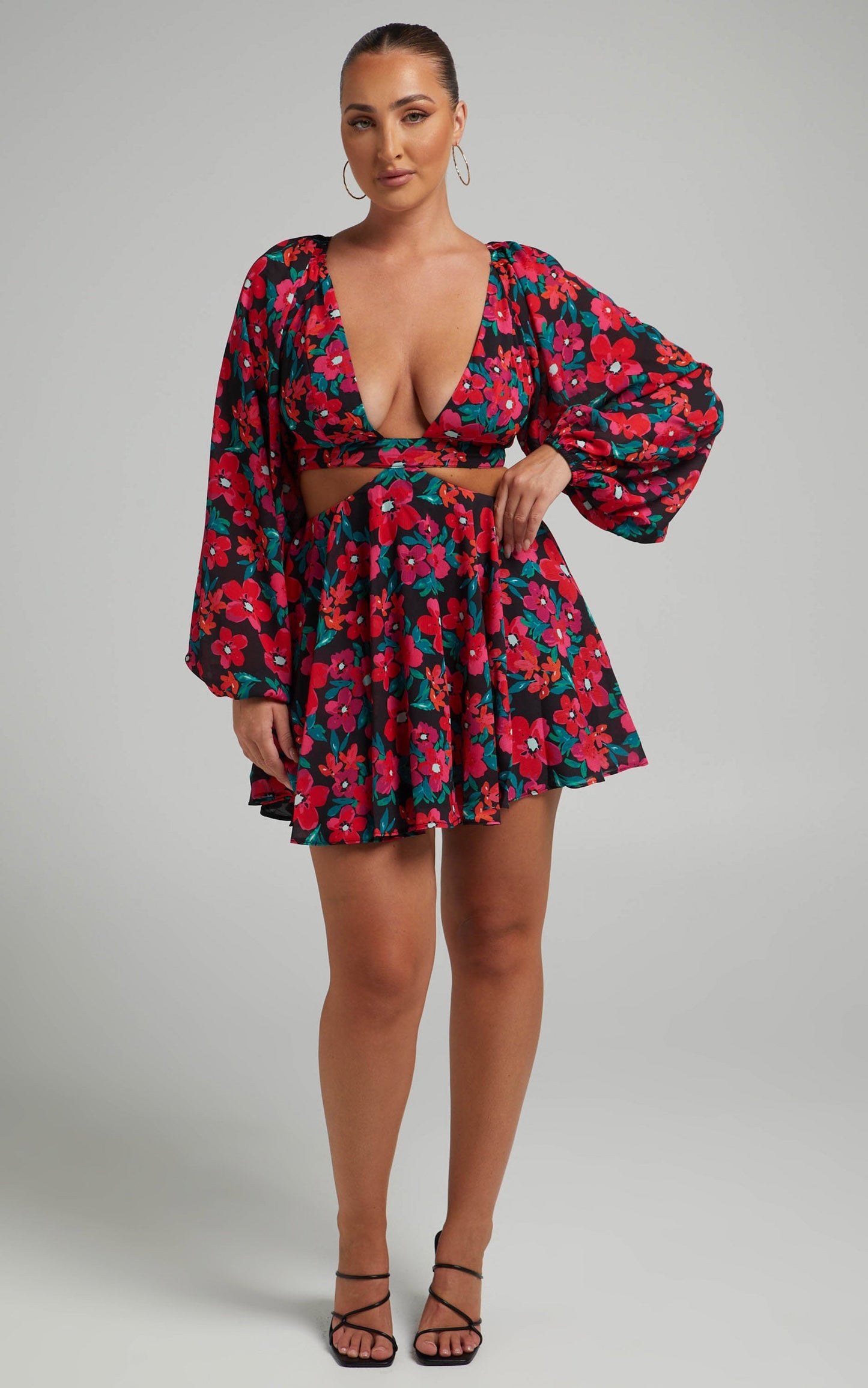 Estesthra Long Sleeve Side Cut Out Mini dress in Fluro Tropicana