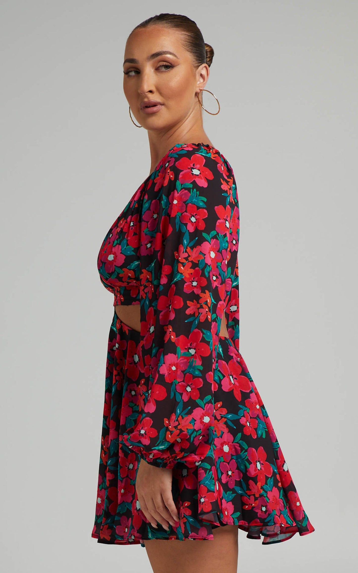 Estesthra Long Sleeve Side Cut Out Mini dress in Fluro Tropicana