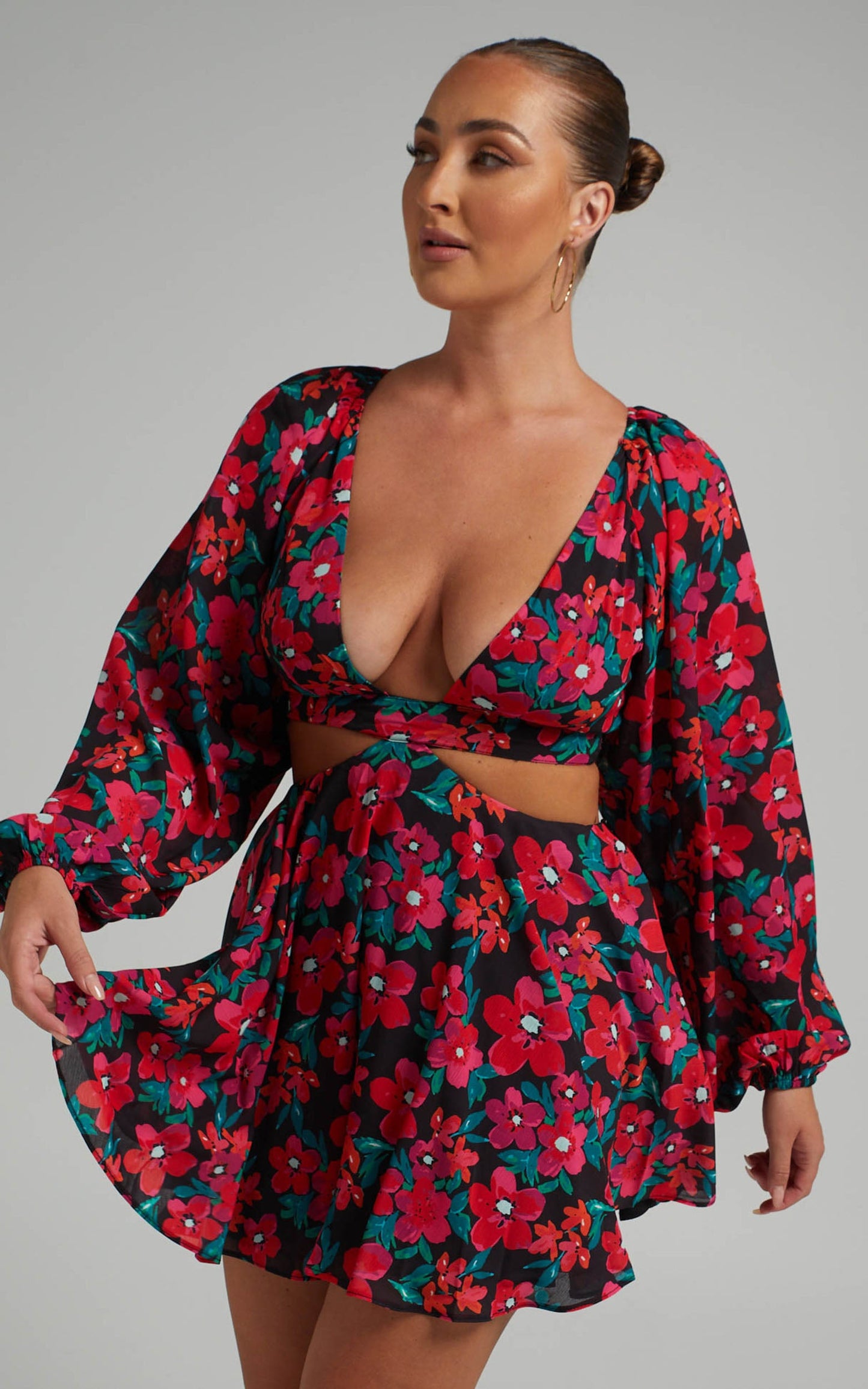 Estesthra Long Sleeve Side Cut Out Mini dress in Fluro Tropicana