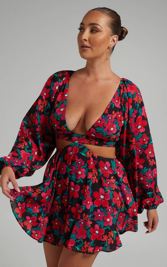 Estesthra Long Sleeve Side Cut Out Mini dress in Fluro Tropicana