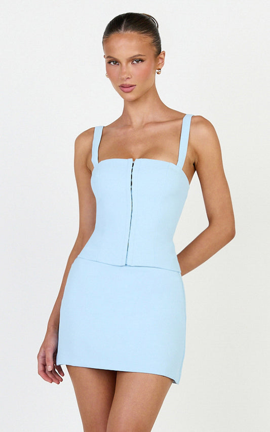 Mikey Top - Straight Neck Hook and Eye Corset Top in Blue