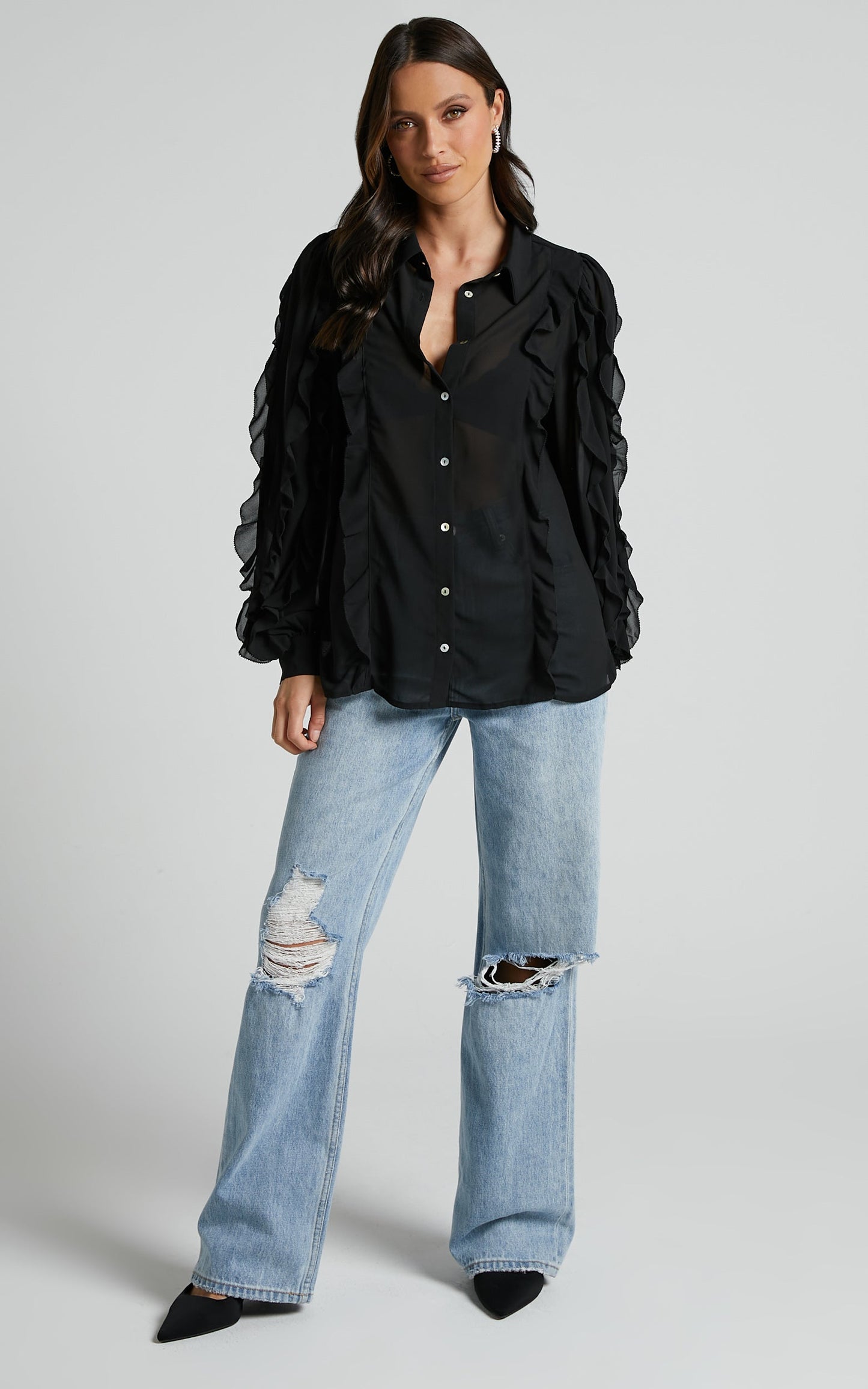 Miliano Top - Long Sleeve Frill Detail Button Through Blouse in Black