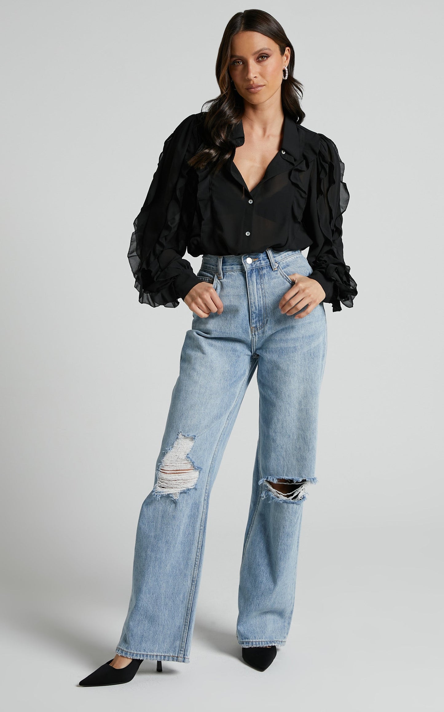 Miliano Top - Long Sleeve Frill Detail Button Through Blouse in Black