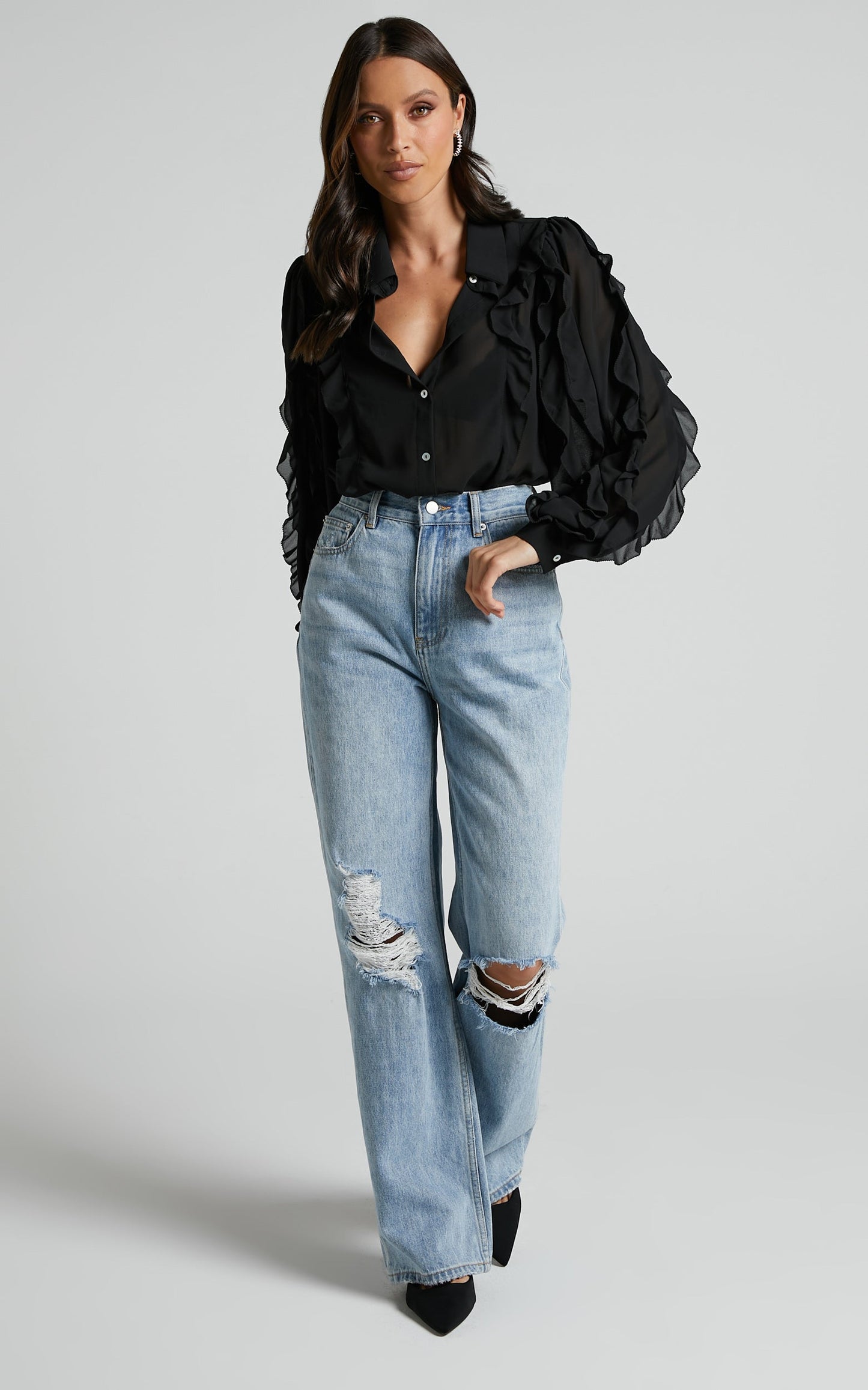 Miliano Top - Long Sleeve Frill Detail Button Through Blouse in Black