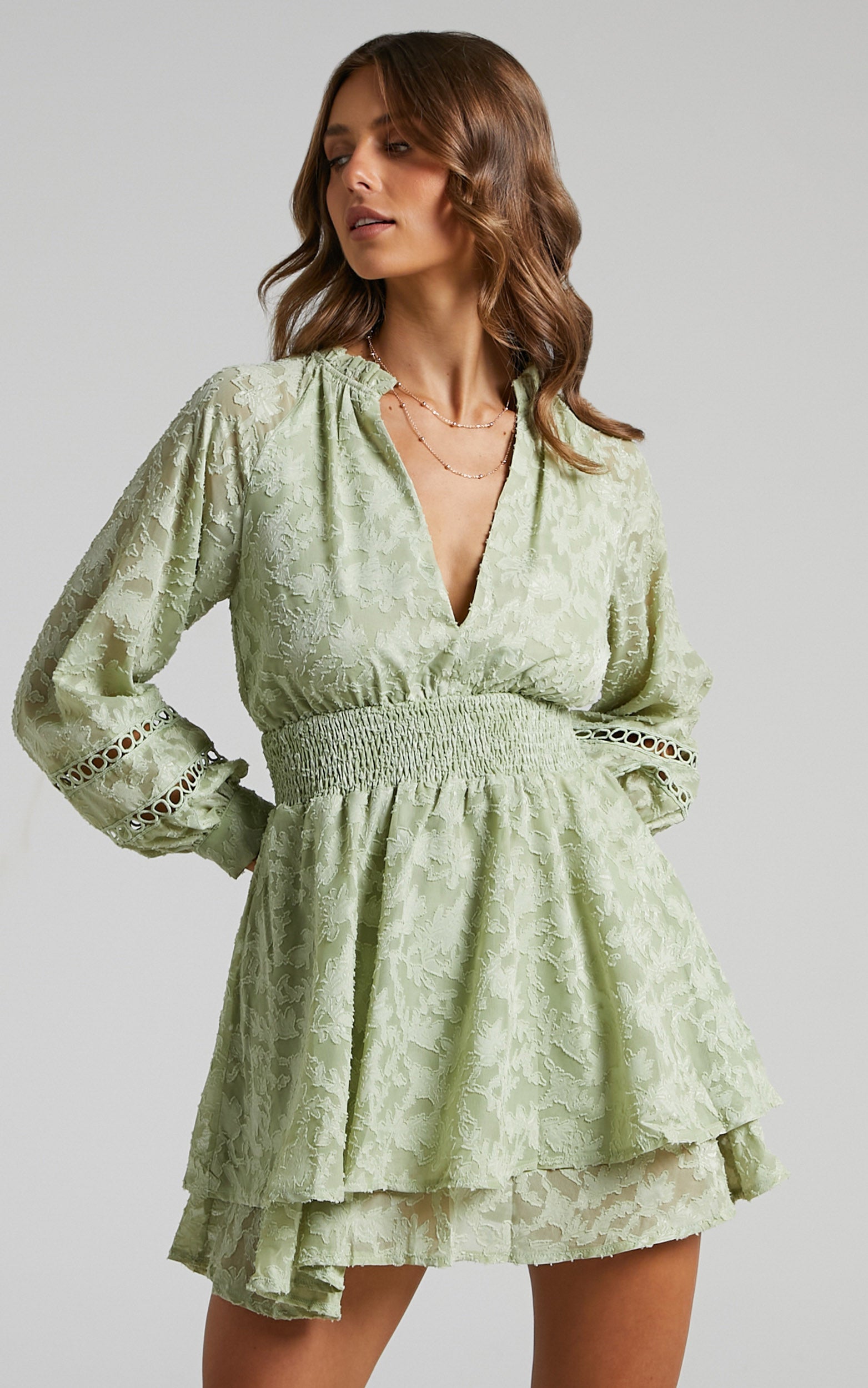 Millahna Long Sleeve Circle Trim Tiered Mini Dress in Sage