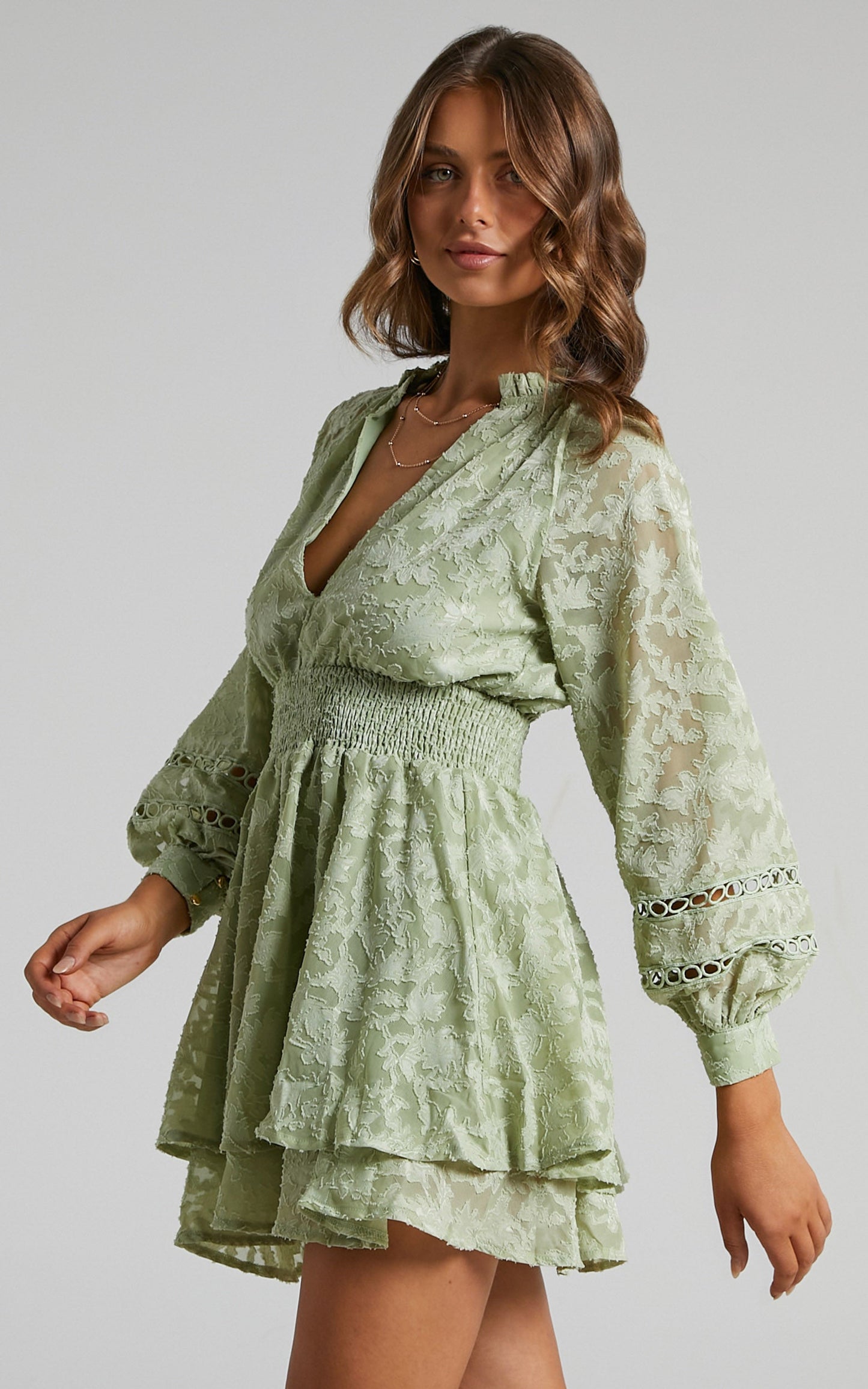 Millahna Long Sleeve Circle Trim Tiered Mini Dress in Sage