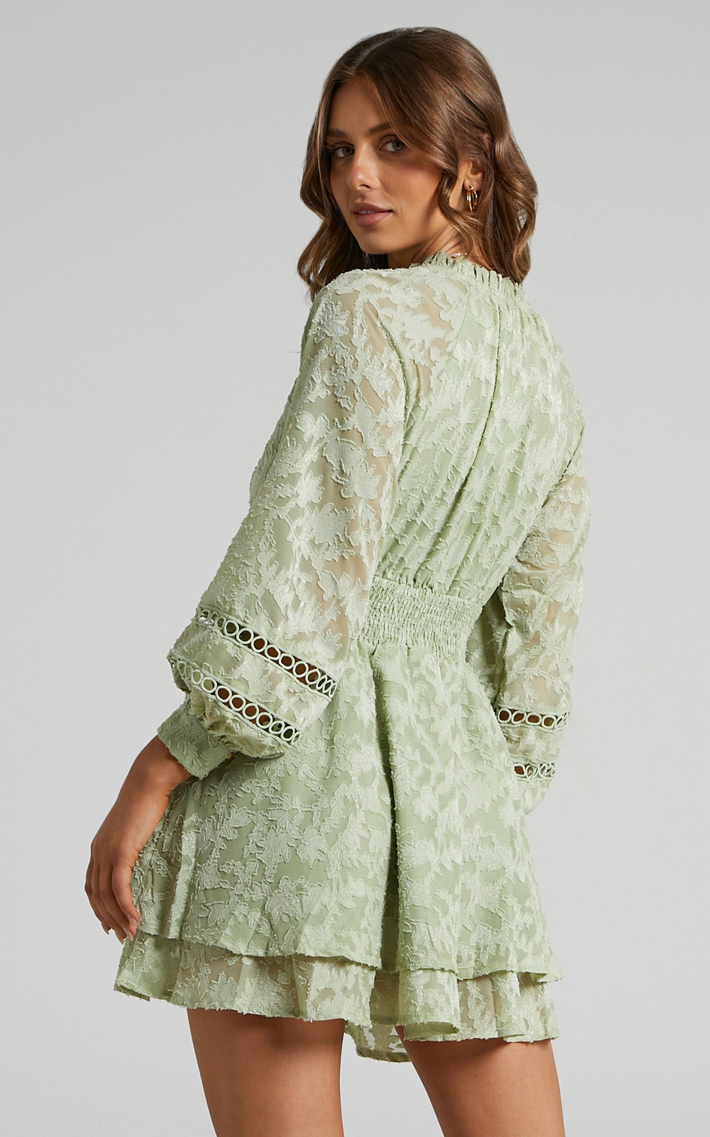 Millahna Long Sleeve Circle Trim Tiered Mini Dress in Sage