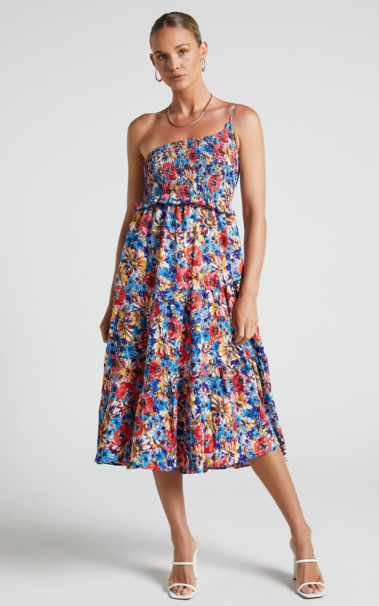 Mima Midi Dress - One Shoulder Shirred Bust Dress in Blue Floral